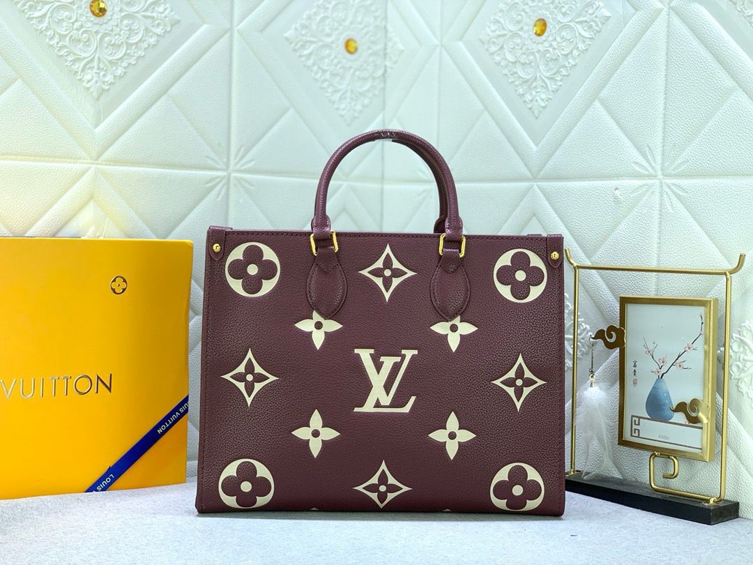 Louis Vuitton On the Go Large Leather Bag in Burgundy with Logos - E-SEVEN STORE image 1