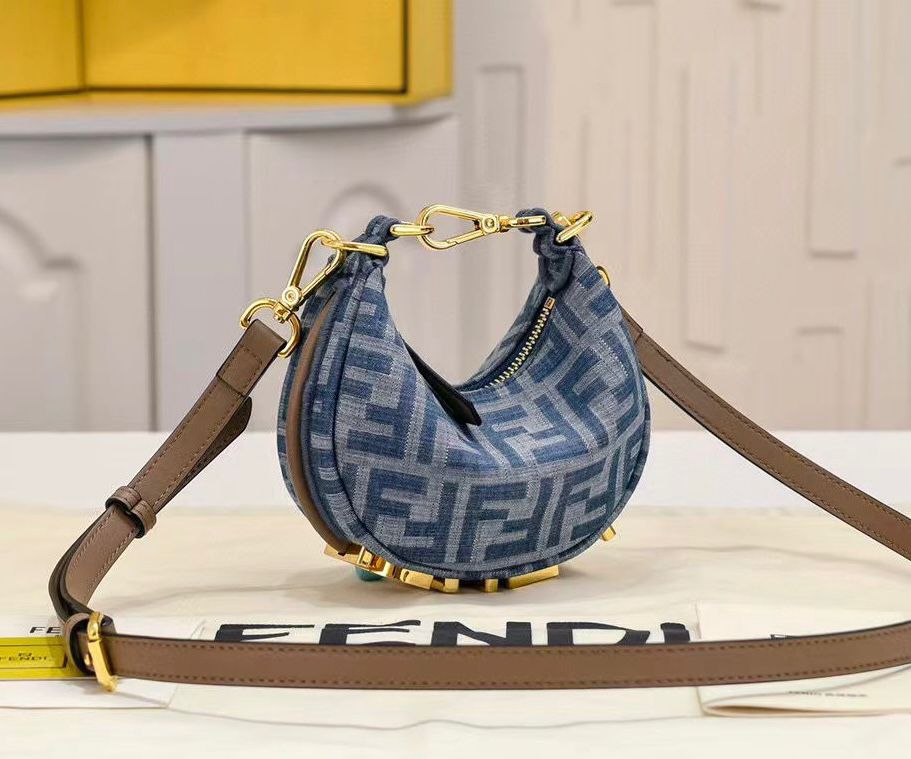 Fendi Fendigraphy mini hobo bag made of blue denim-effect FF Jacquard and brown calfskin leather. image 1