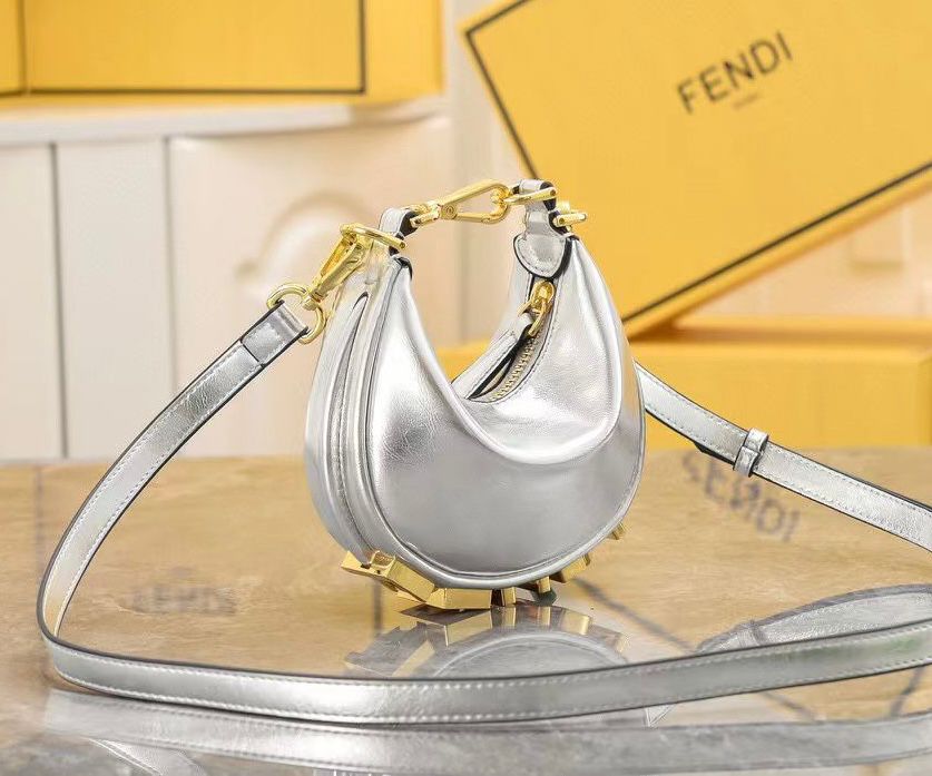 Fendi Rock Millenium Nano Fendigraphy Hobo Charm bag in silver metallic leather with gold-tone hardware. image 1