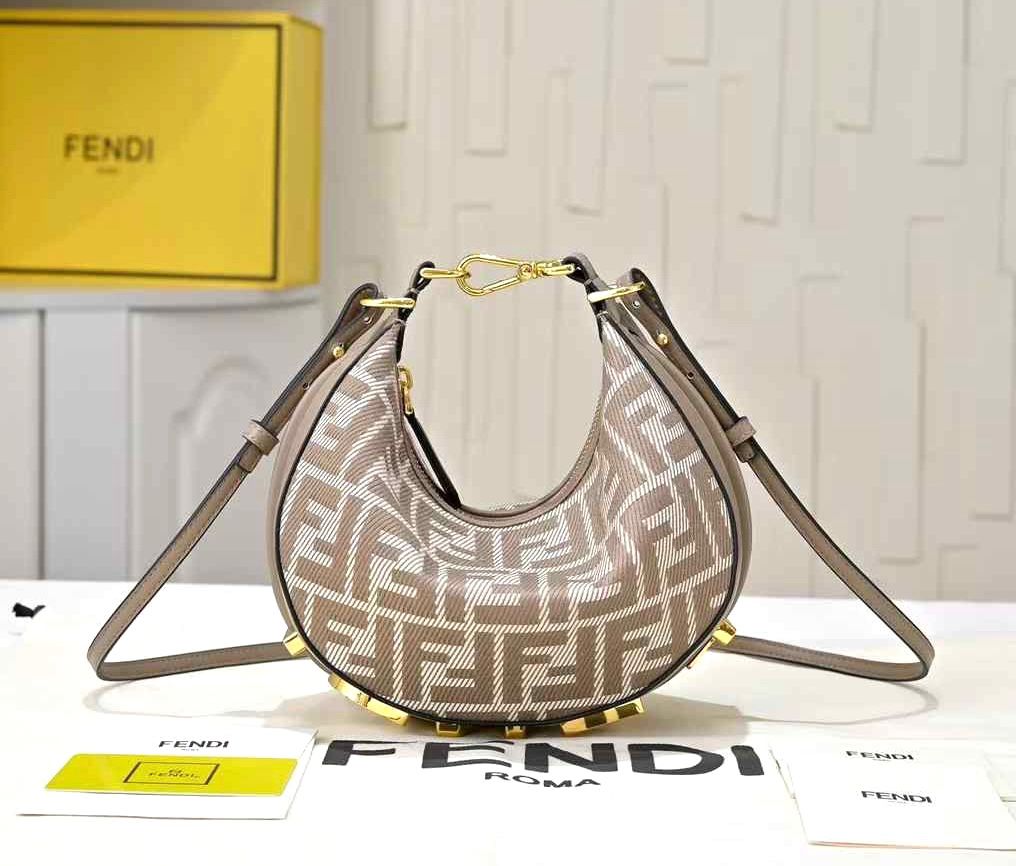 Fendi Fendigraphy Mini hobo bag in a dove grey or light brown denim-effect FF jacquard fabric with gold-finish metalware. image 1