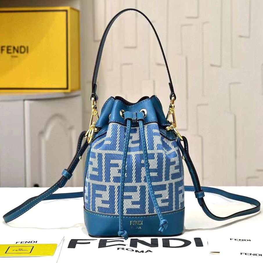 Fendi Mon Tresor Mini bucket bag in blue denim-effect FF jacquard fabric with tone-on-tone calfskin details and gold-finish hardware. image 1