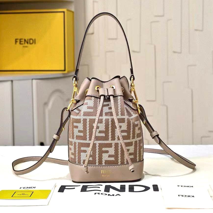 Fendi Mon Tresor mini bucket bag in beige and brown wool/fabric with leather details and the jacquard FF motif. image 1
