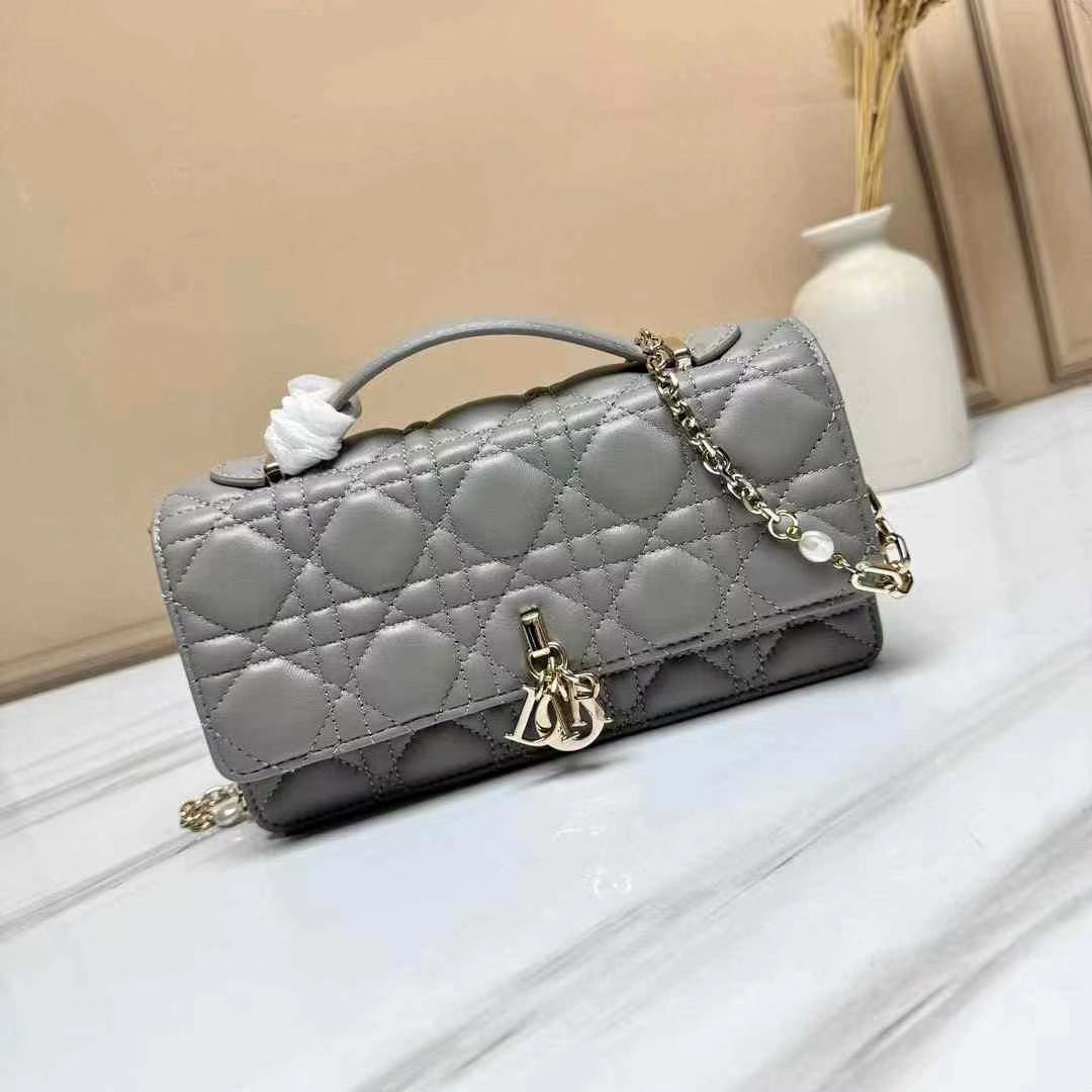 Dior My Dior mini bag in grey cannage lambskin with a pearl chain strap. image 1