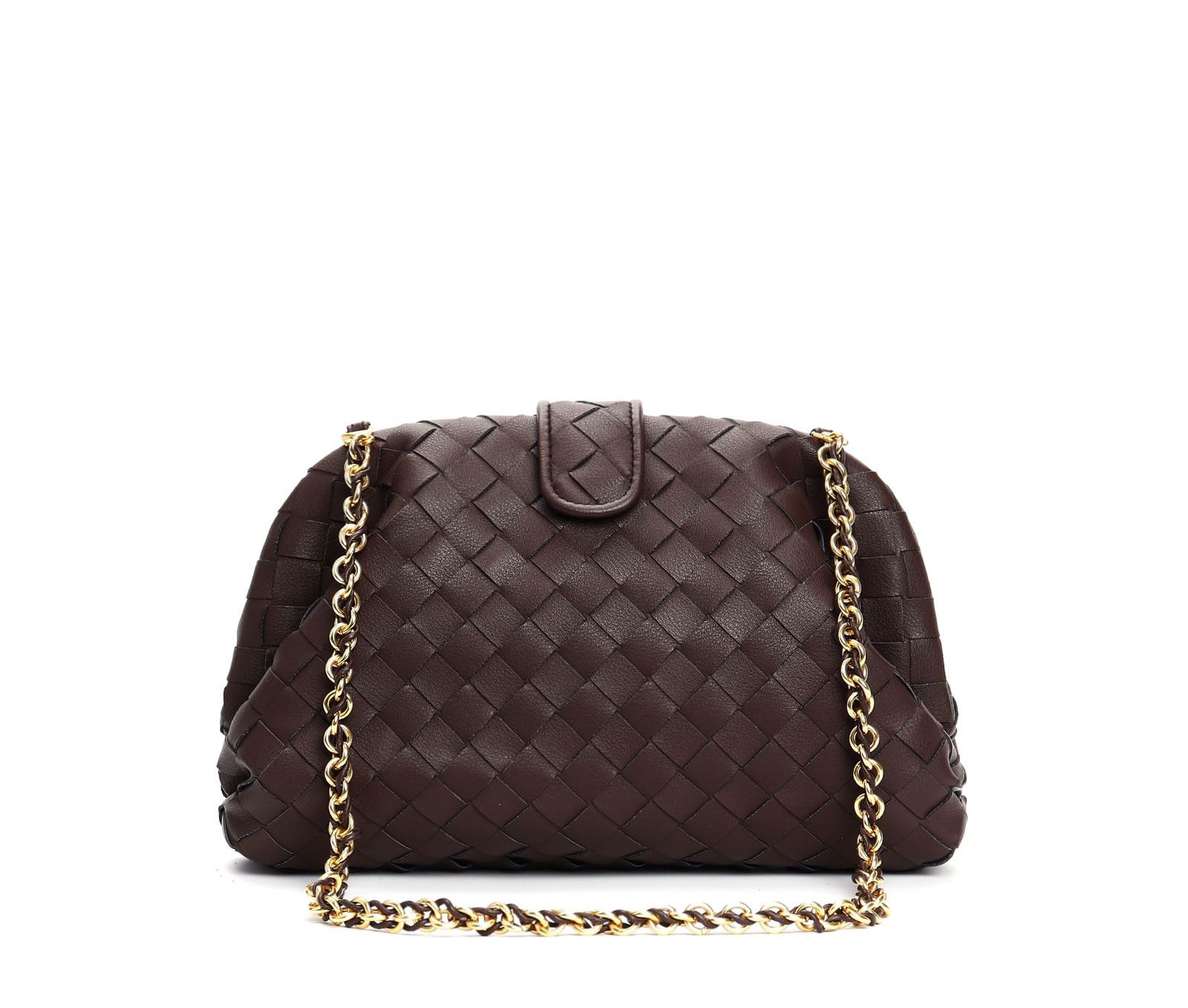 Bottega Veneta Lauren 1980 clutch bag in burgundy or brown intrecciato-woven lambskin leather with a gold-tone chain strap. image 1