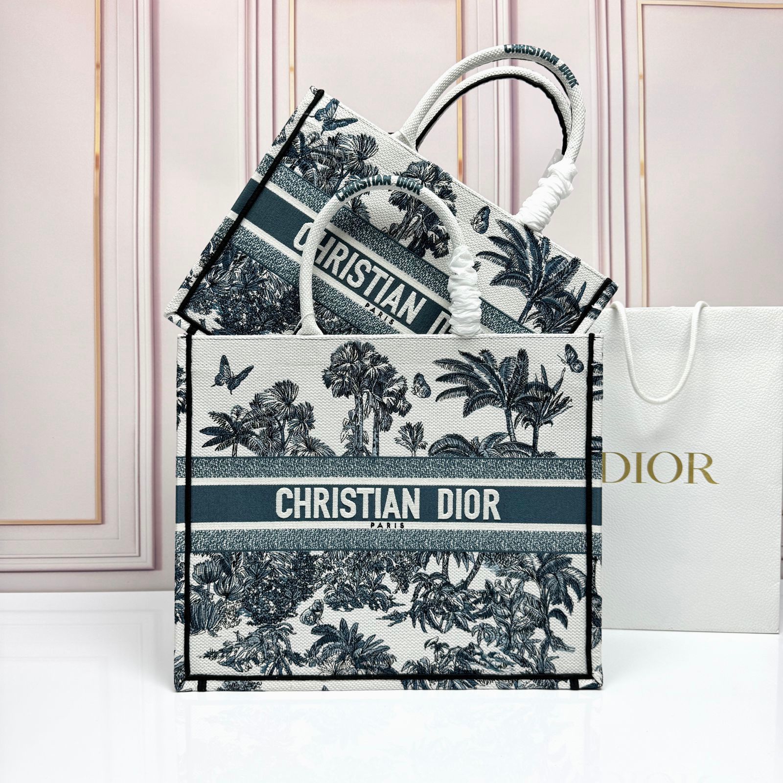 Dior Book Tote in ecru and blue Toile de Jouy embroidery. image 1