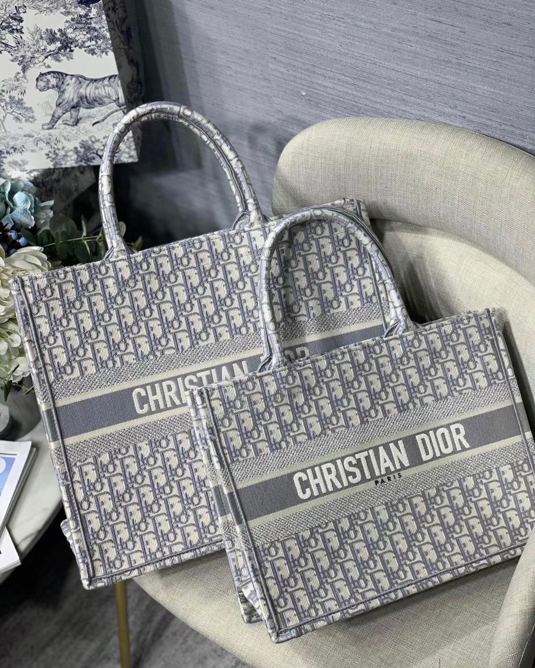 Dior Book Tote bags in the grey and ecru Dior Oblique embroidery. image 1