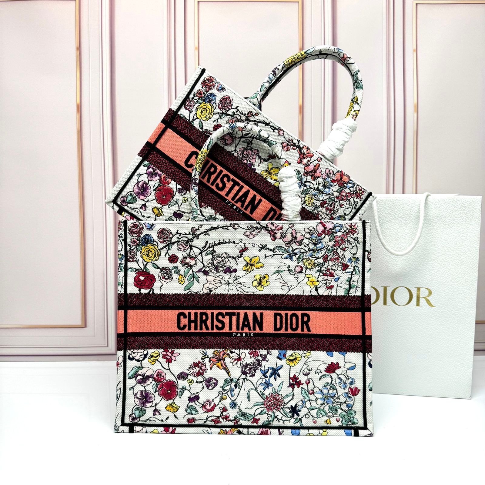 Christian Dior Book Tote in the medium size and white multicolor Florilegio embroidered canvas. image 1