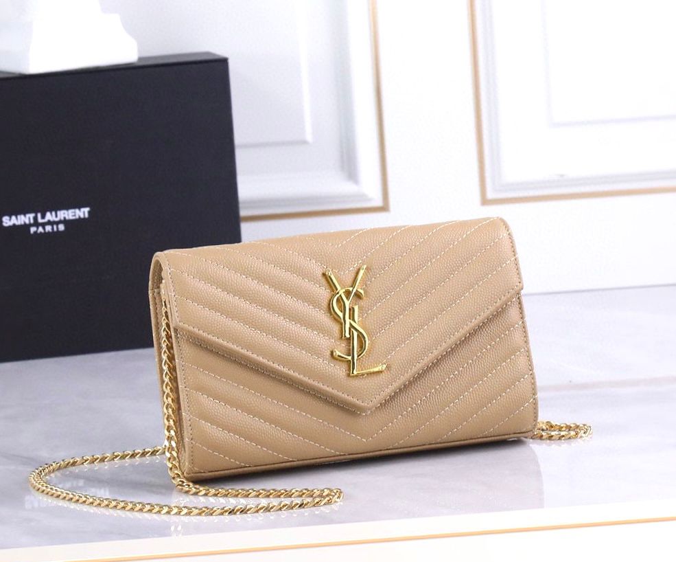 Saint Laurent Cassandre Envelope Chain Wallet in beige matelass? textured-leather with gold-tone hardware. image 1
