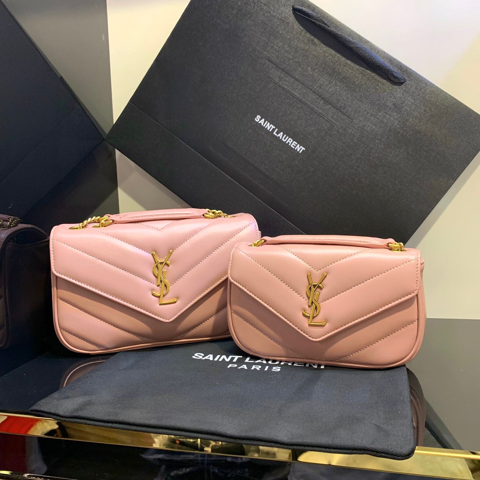 Saint Laurent Loulou small and mini (toy) chain bags in pink matelass? lambskin leather. image 1