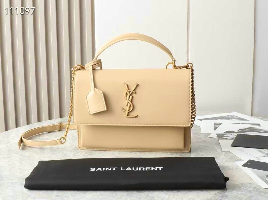 Saint Laurent Medium Sunset Satchel bag in smooth beige/neutral calfskin leather with bronze-tone hardware. image 1