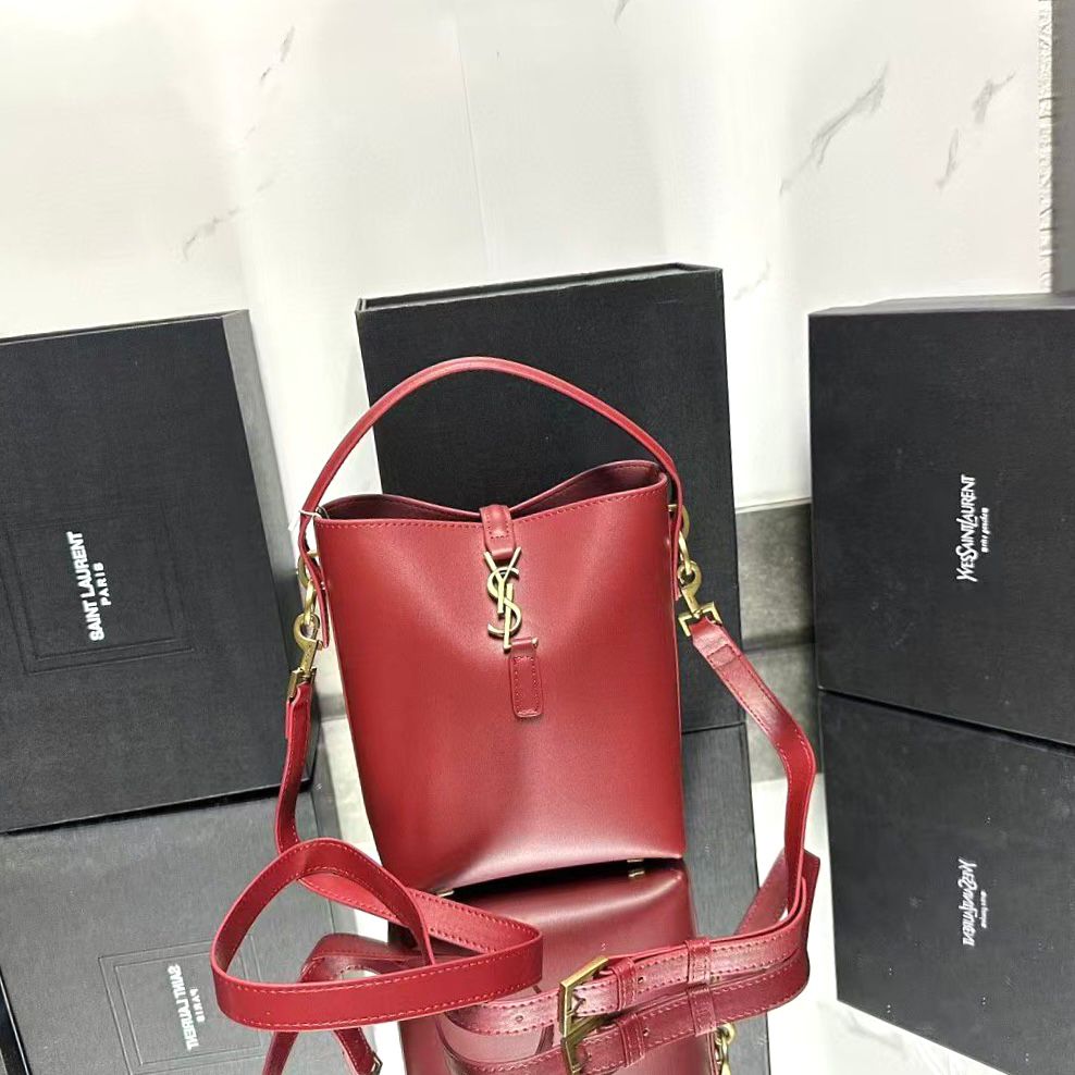 Saint Laurent Le 37 mini bucket bag in shiny burgundy/red calfskin leather. image 1