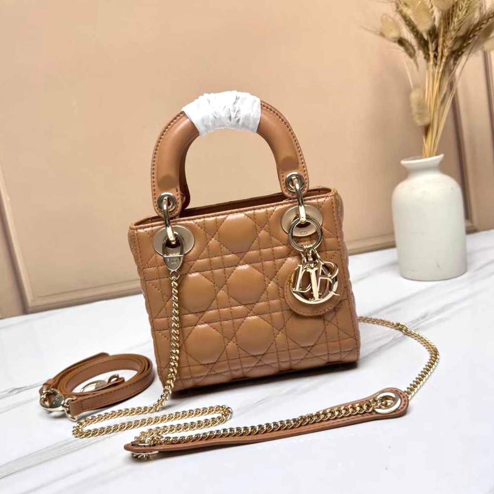 Dior bag in camel or honey brown cannage lambskin with pale gold-finish metal D.I.O.R. charms and a chain strap. image 1
