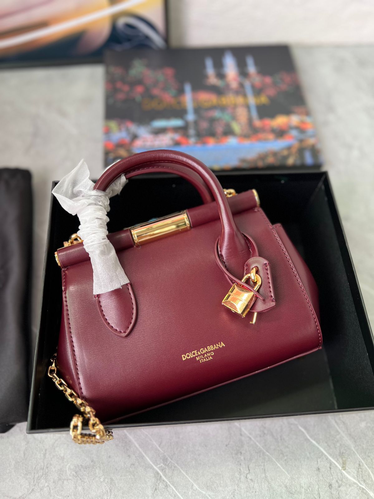 Dolce & Gabbana Mini Marlene Day bag in bordeaux or cardinal red calf leather. image 1