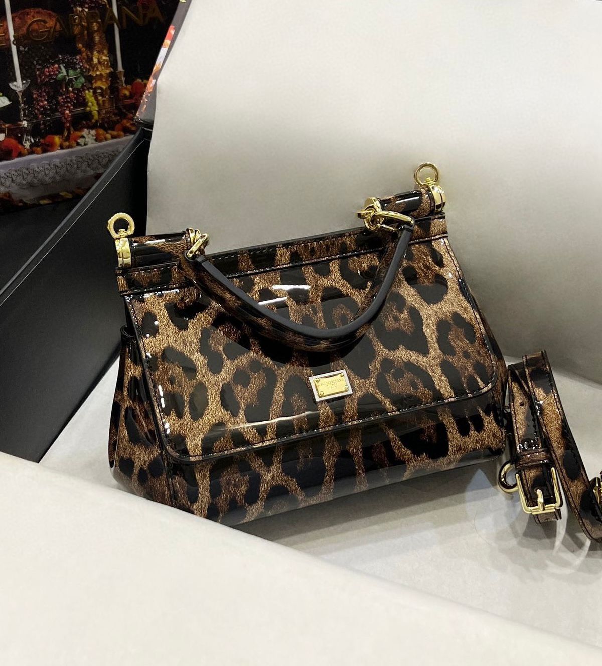 Dolce & Gabbana medium Sicily top-handle bag in leopard-print polished calf leather. image 1
