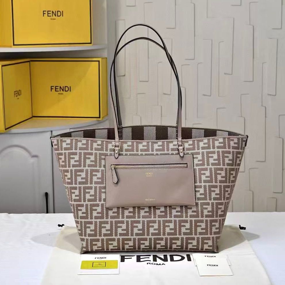 Fendi Roll Large Reversible Tote Bag in beige jacquard fabric with a Pequin striped motif and dove grey FF pattern. image 1