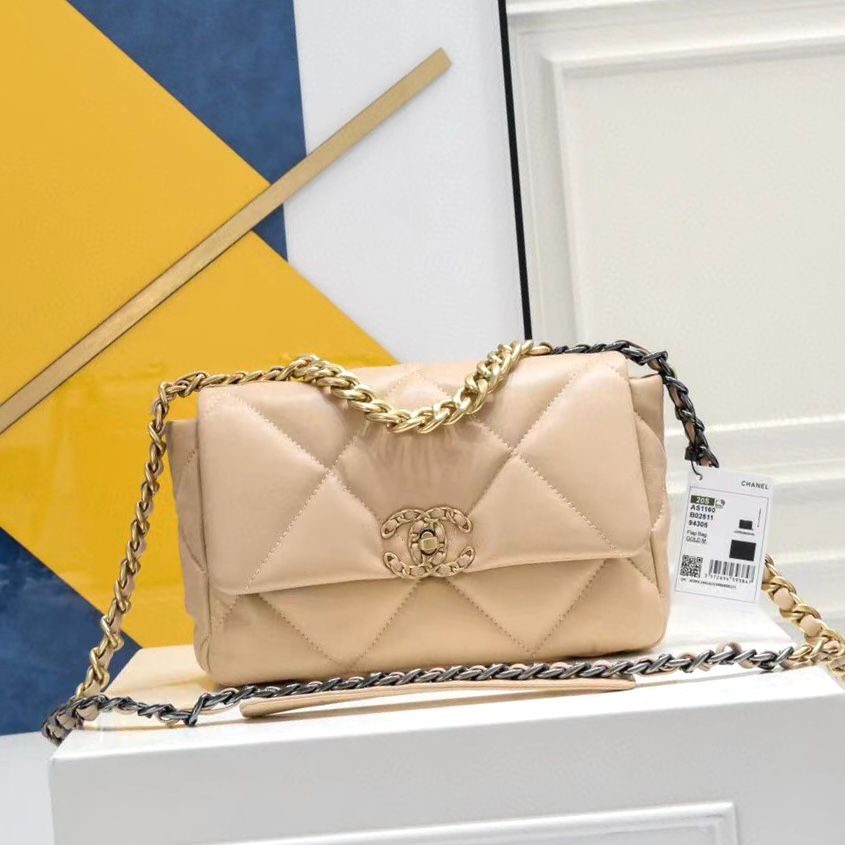 Chanel 19 small flap bag in beige quilted lambskin leather with mixed-tone hardware. image 1