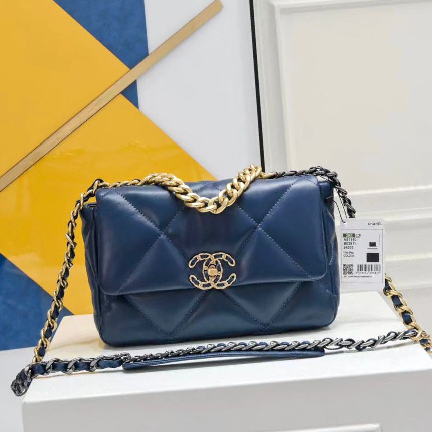 Chanel 19 small flap bag in blue quilted leather with mixed metal hardware. image 1
