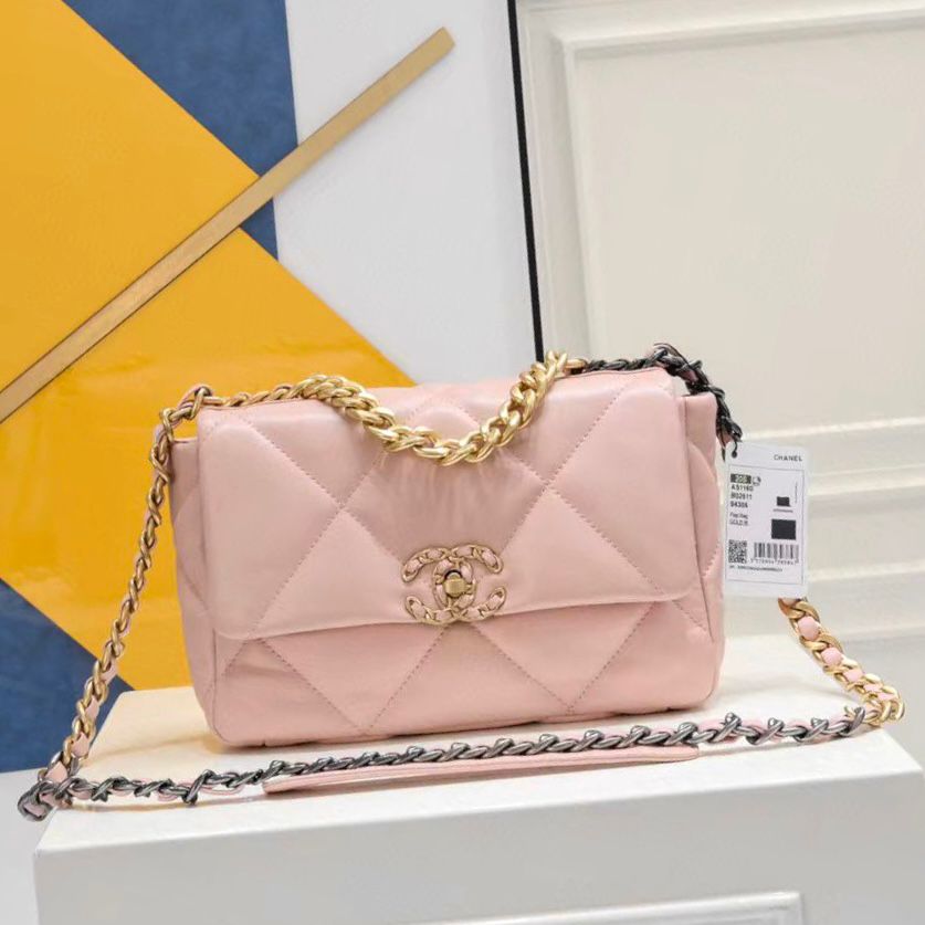 Chanel 19 flap bag in light pink quilted lambskin leather with mixed metal (gold-tone, silver-tone, and ruthenium-finish) hardware. image 1