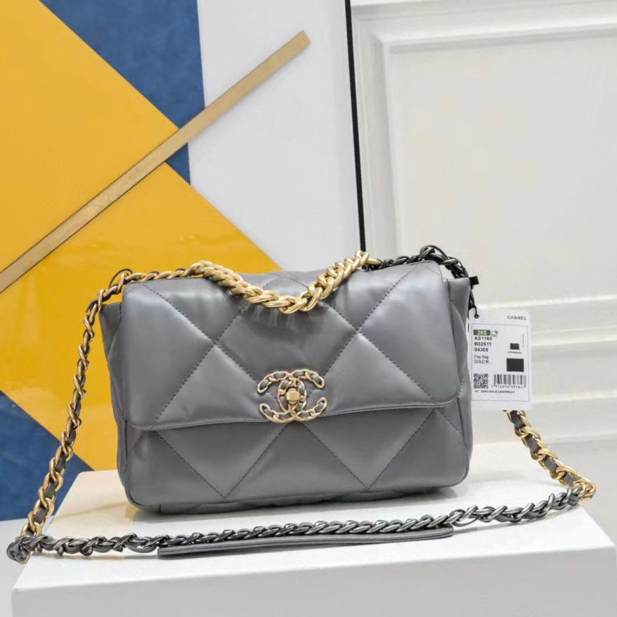 Chanel 19 flap bag in grey lambskin leather with mixed metal hardware. image 1