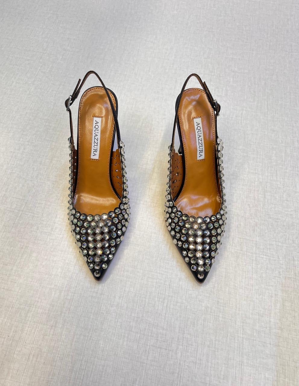 Aquazzura Black Leather Crystal Embellishments Slingback Pumps image 1