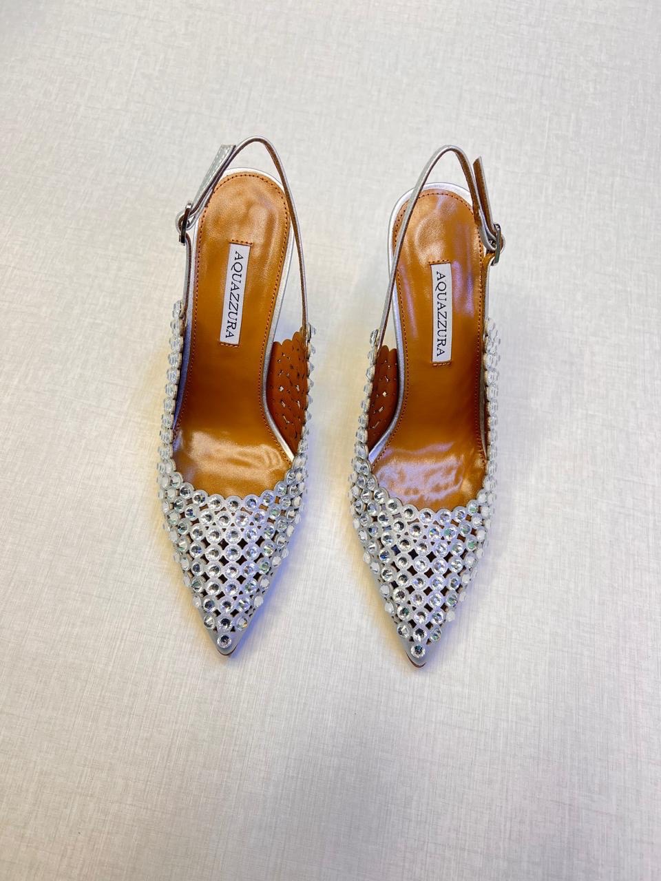 Aquazzura Tequila crystal-embellished metallic silver leather slingback pumps image 1