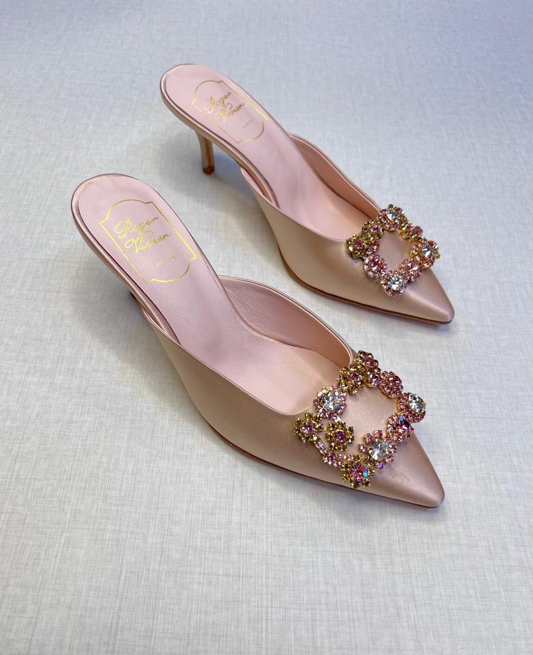 Roger Vivier Efflorescence mule in pink satin with a crystal-embellished floral buckle. image 1
