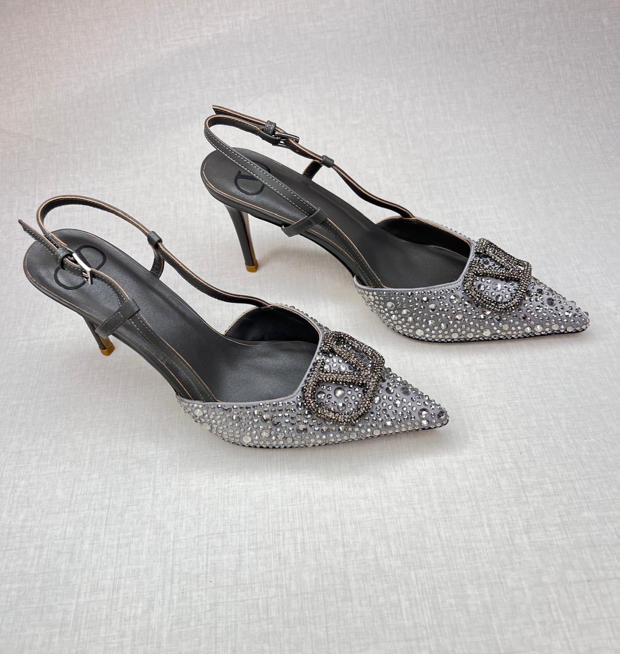 Valentino Garavani 80mm VLogo Signature slingback pumps with a fully embellished, crystal-dotted upper and buckled slingback strap image 1