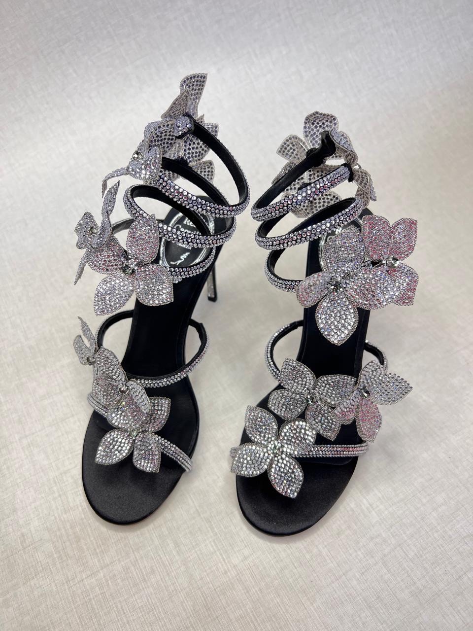 René Caovilla Margot 105 wrapped sandal with floral appliqués. image 1