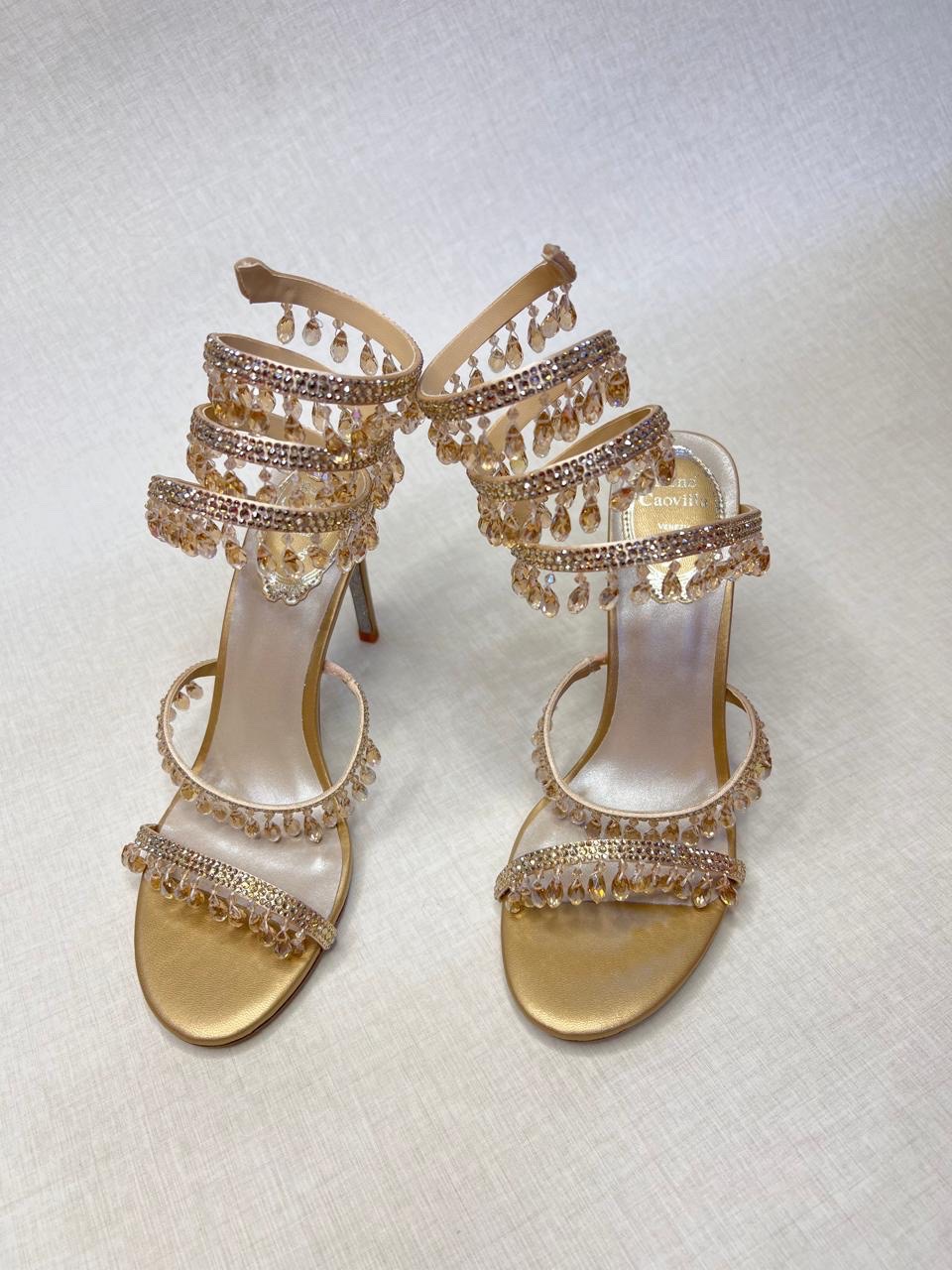 René Caovilla Chandelier crystal-embellished satin sandals with a signature coiled snake element and stiletto heels. image 1