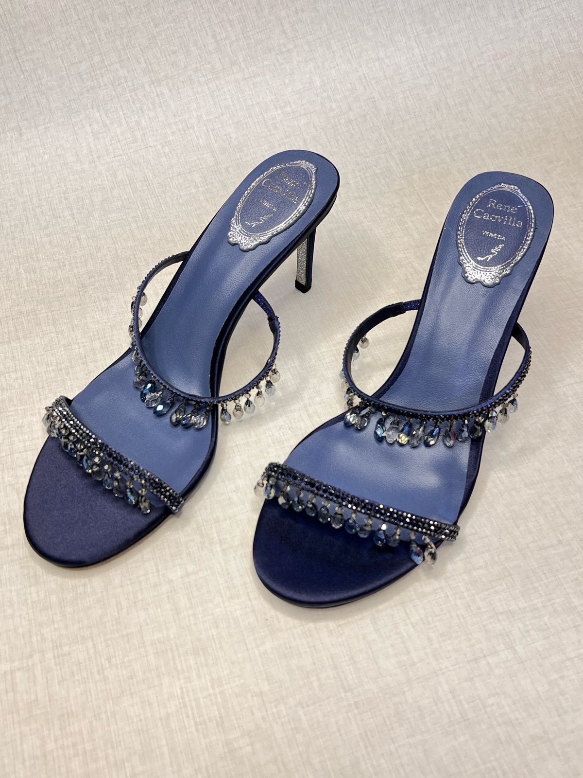 René Caovilla Chandelier sandals in blue satin with crystal embellishments. image 1