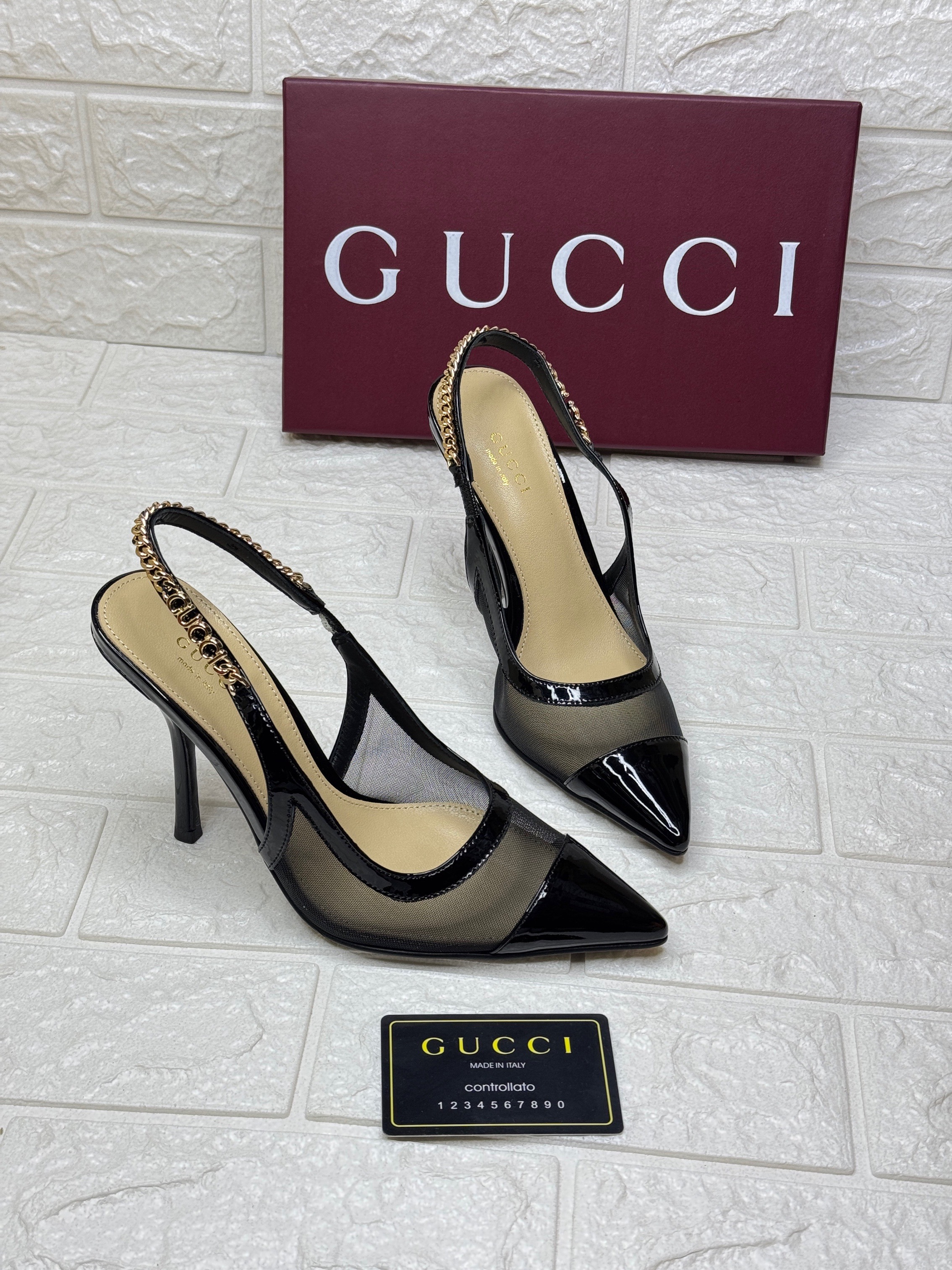 Gucci Signoria slingback pumps crafted in mesh with patent leather trim and a gold-tone chain strap. image 2