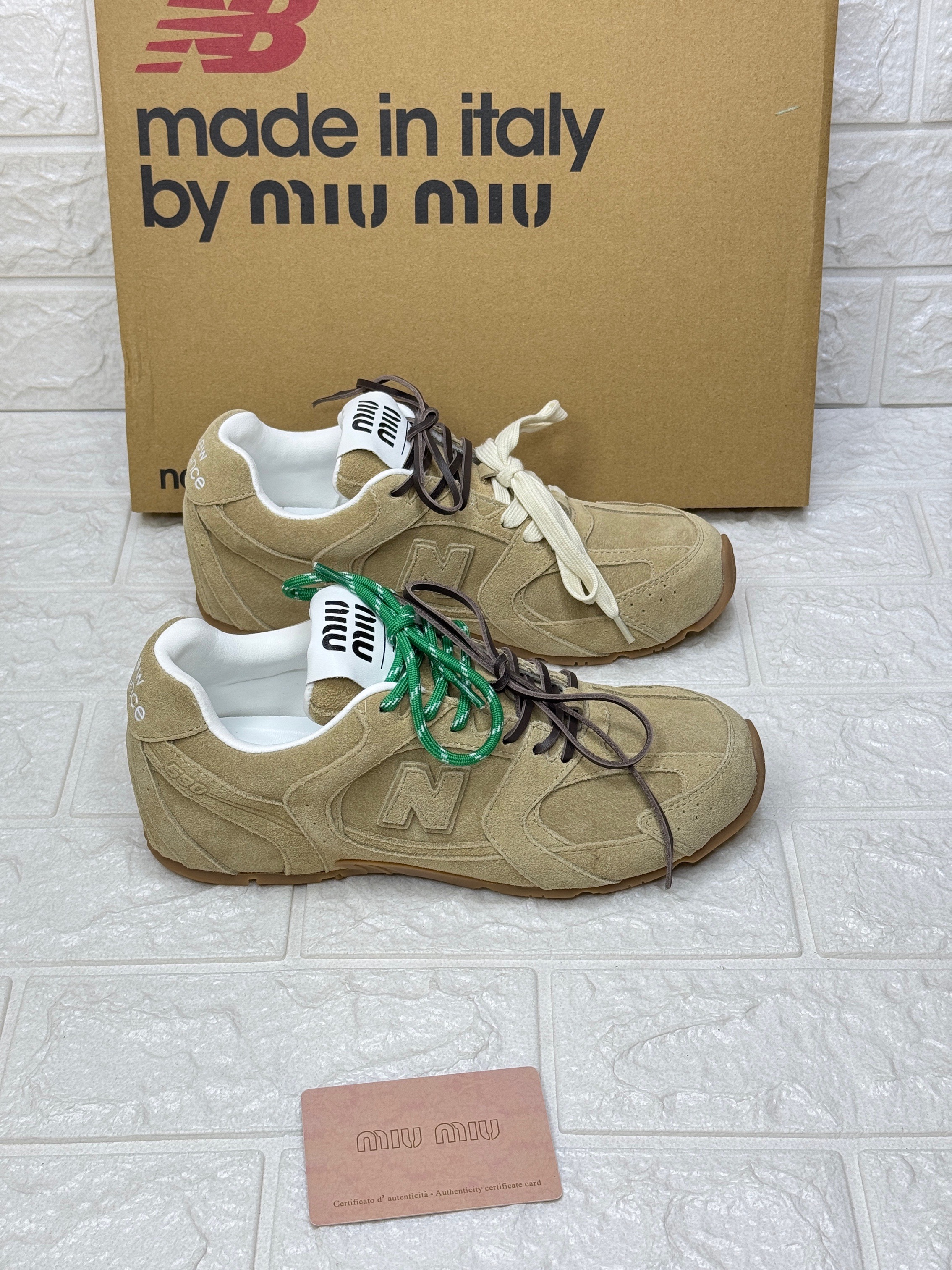 New Balance x Miu Miu 530 SL suede sneakers in the Ecru colorway. image 1