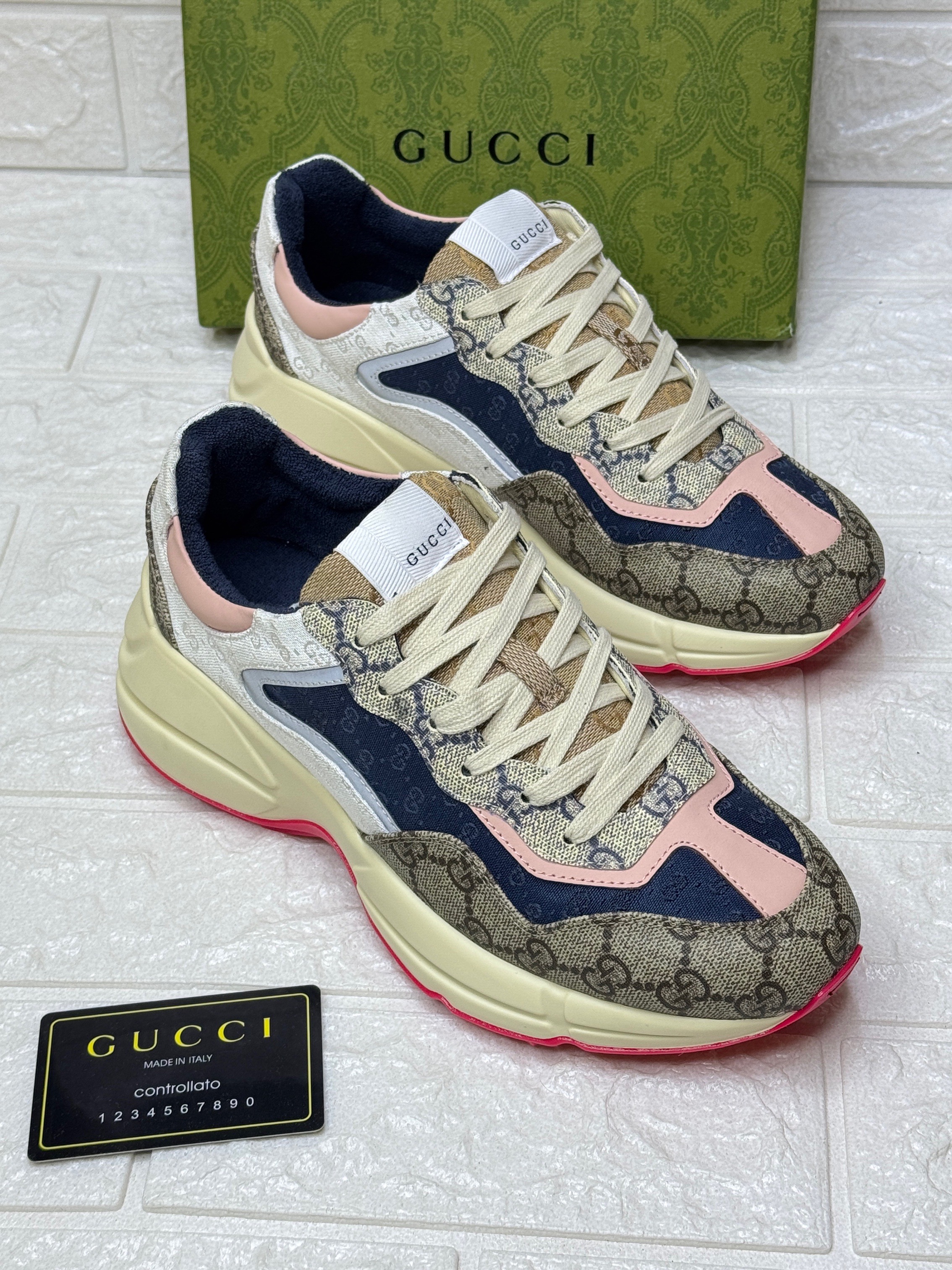 Gucci GG Rhyton sneakers in a mix of monogram fabrics and leather trim. image 1