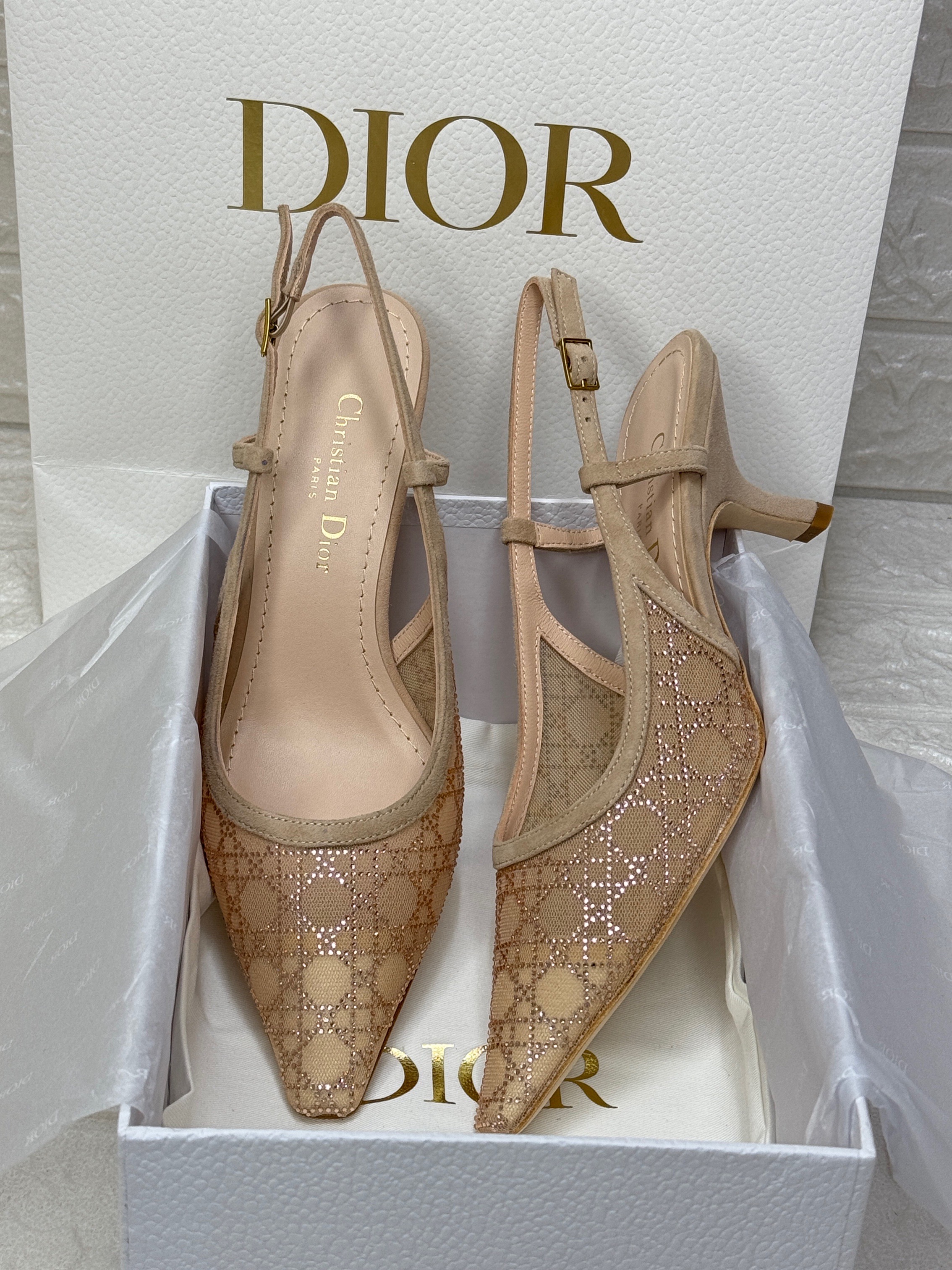 Dior J'Adior slingback pump in a beige/nude mesh and suede material with the signature Cannage pattern and a comma heel. image 1
