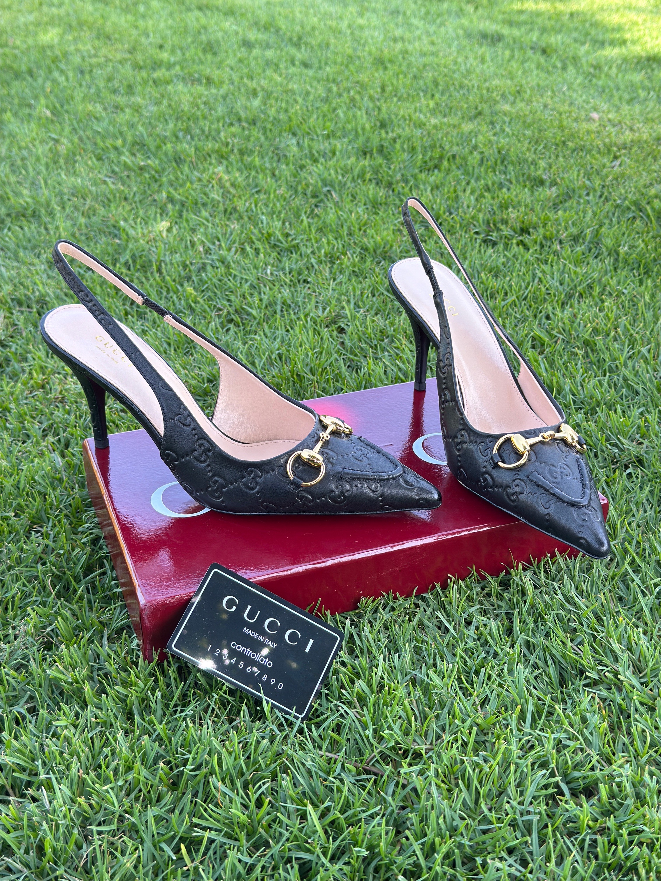 Gucci Horsebit 85 slingback pumps in embossed leather. image 2