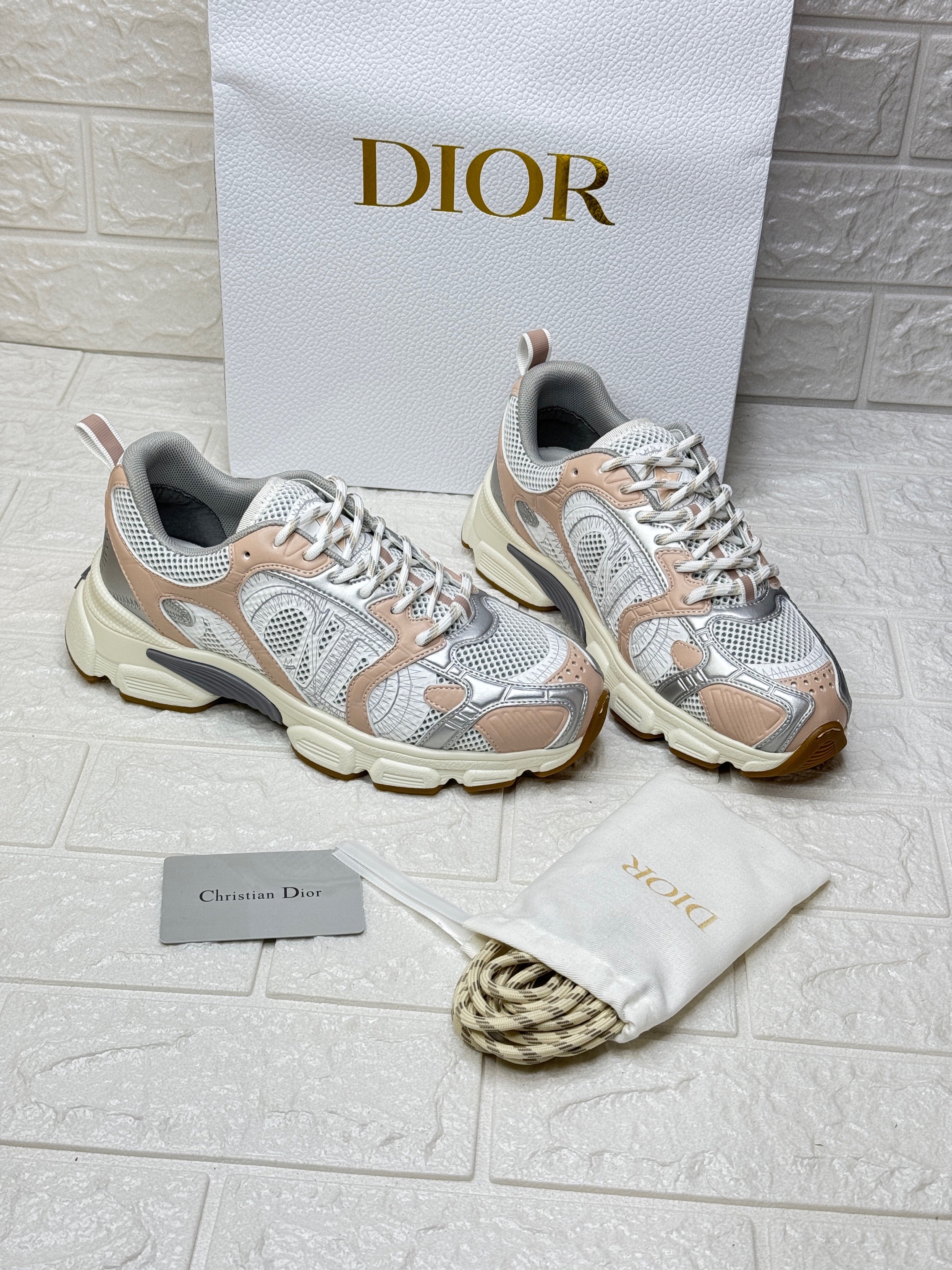 Dior Chrono sneakers in beige mesh with nude and silver-tone laminated leather accents. image 1