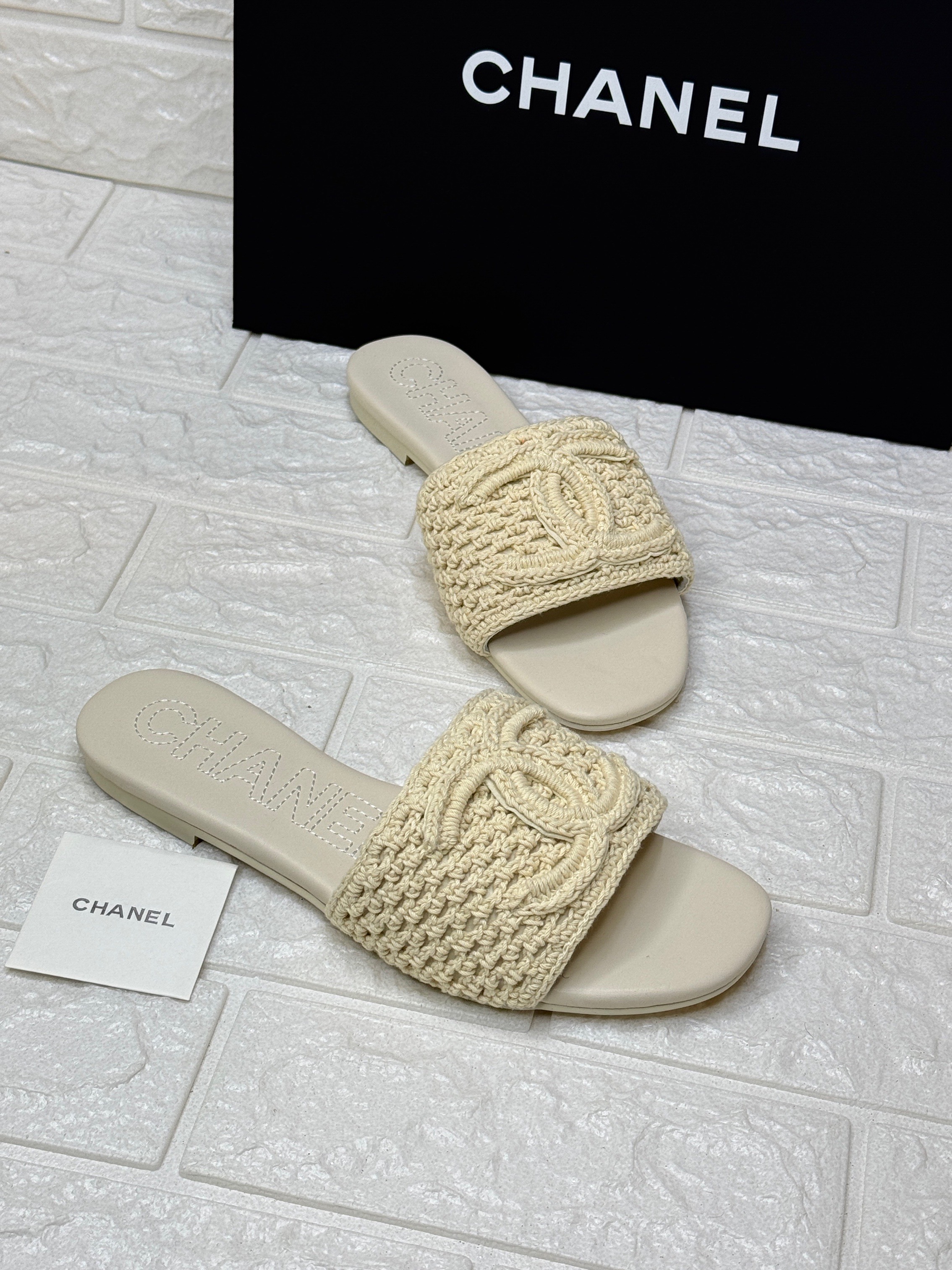 Chanel white pearl CC flat slides. image 1