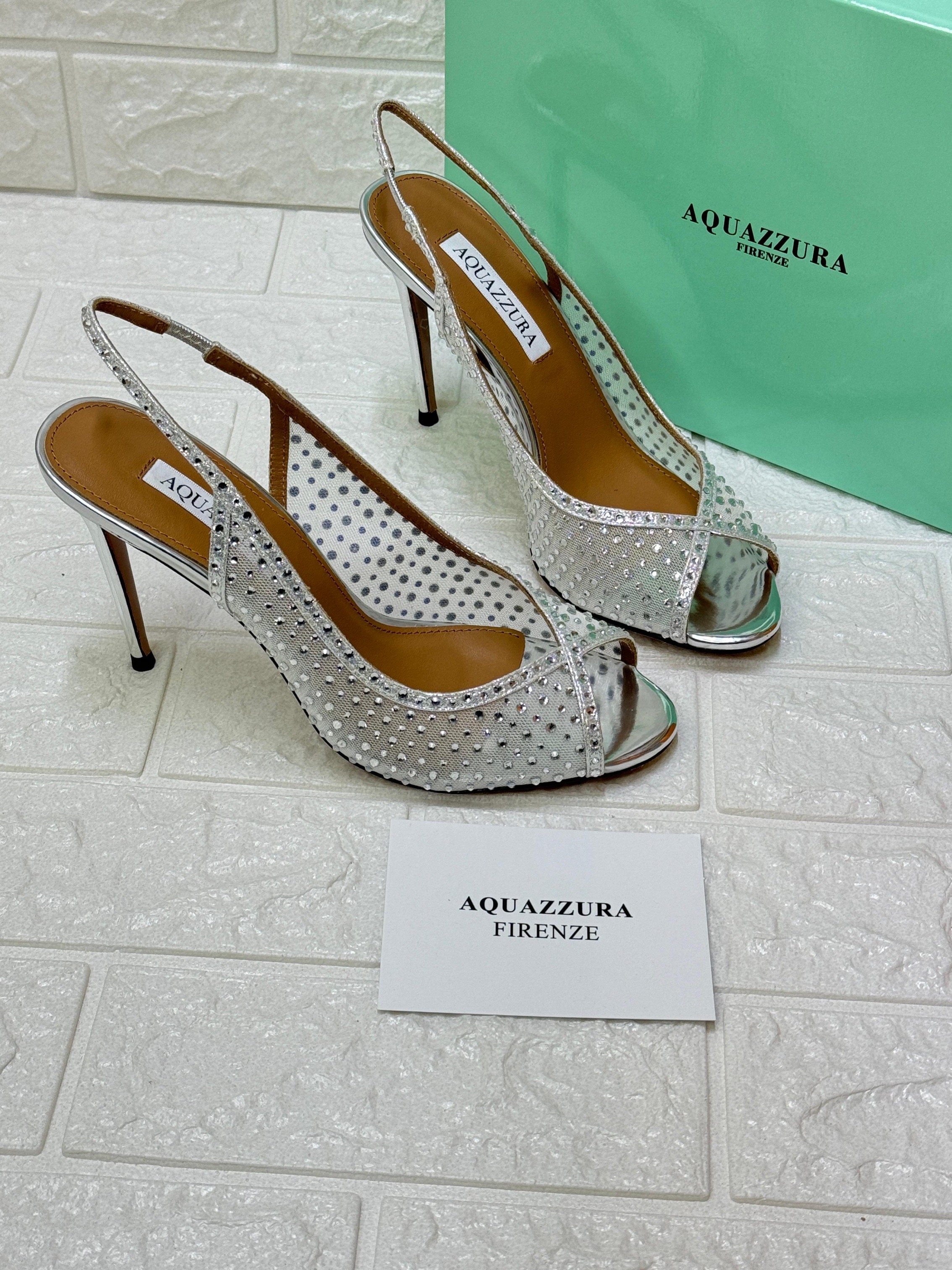 Aquazzura Crystal Lover 105 peep-toe sandals in silver-tone mesh with crystal embellishments and a 105mm stiletto heel. image 1