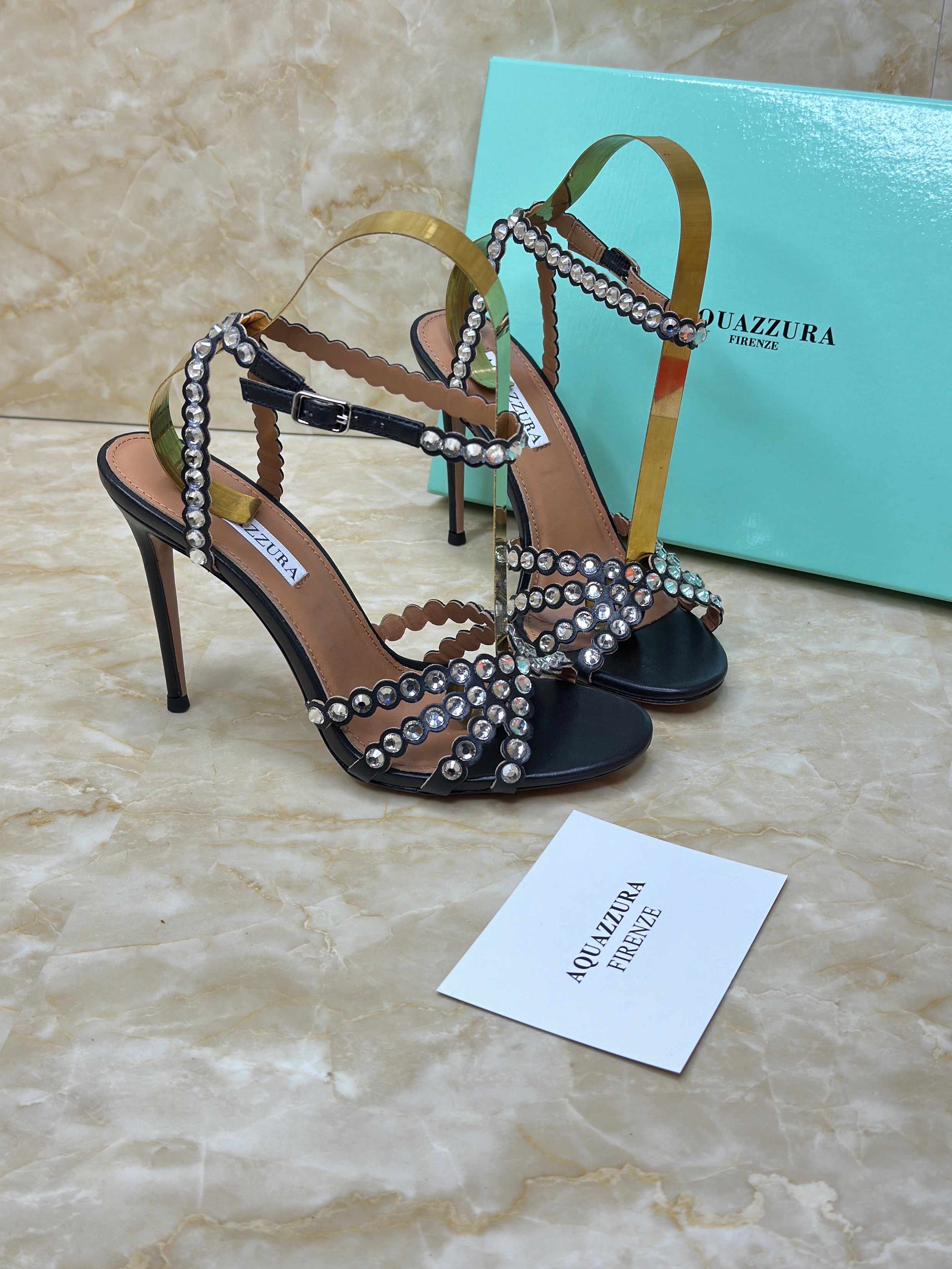 Aquazzura Tequila 105 crystal-embellished nappa leather sandals in black. image 1