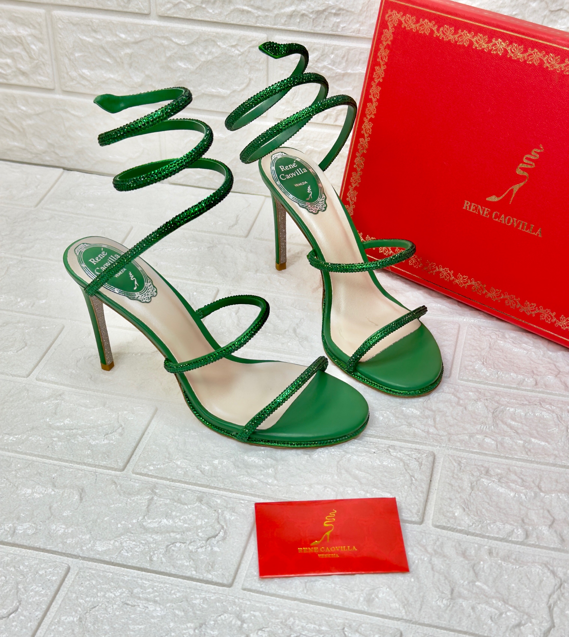 Ren? Caovilla Cleo 105mm embellished satin ankle-wrap sandals in green. image 1