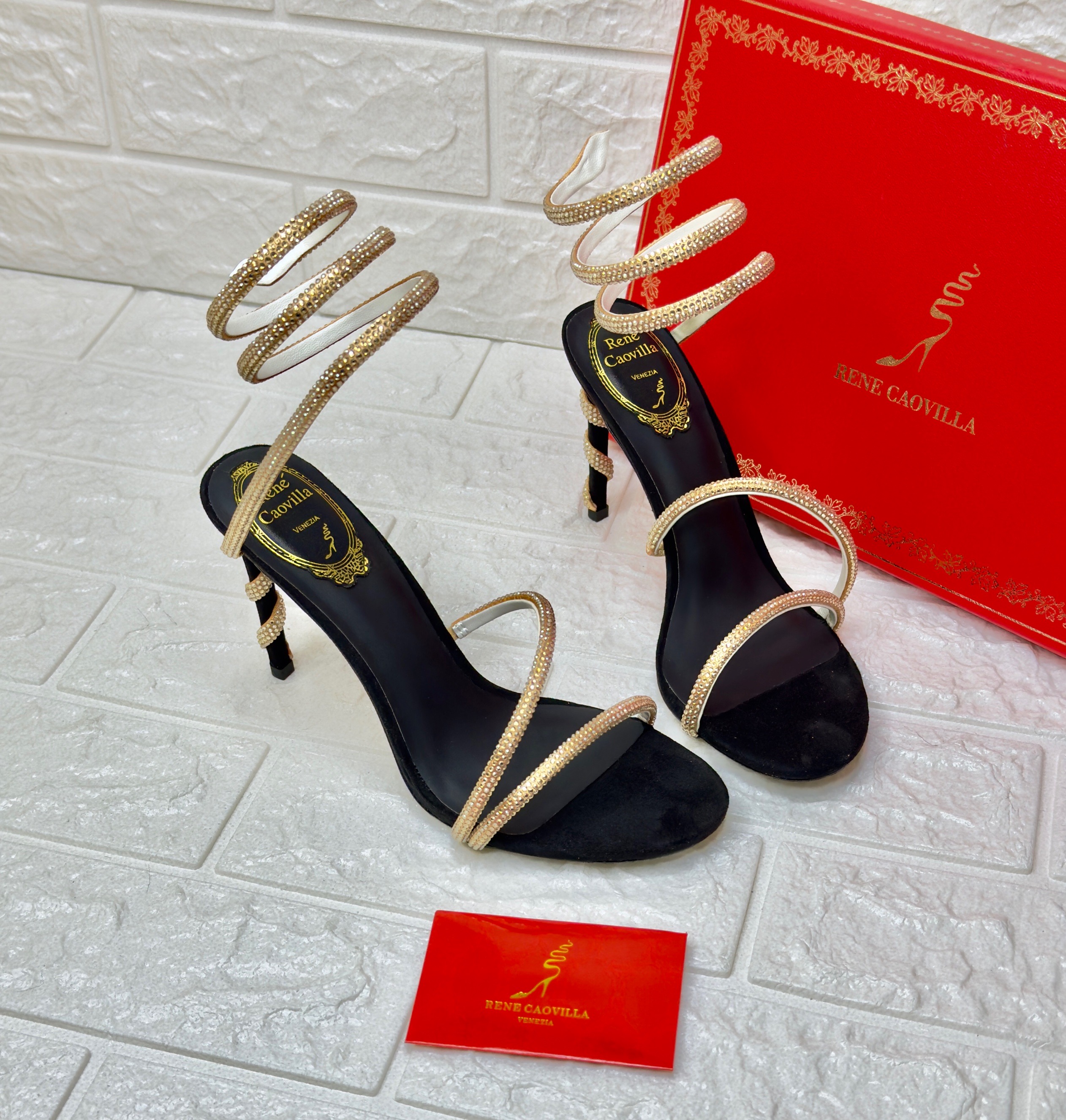 Ren? Caovilla Margot embellished suede sandals with a serpent-like ankle strap. image 1