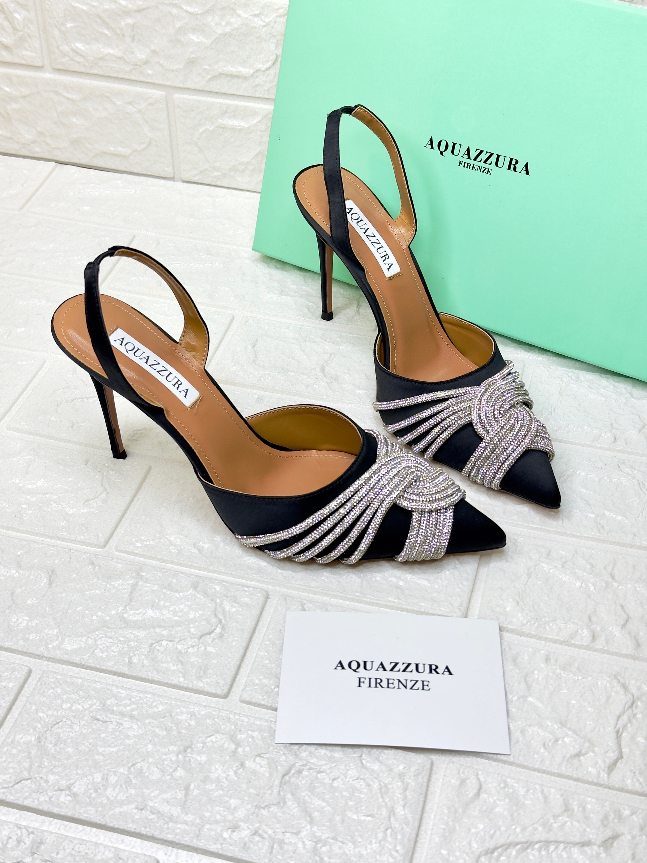 Aquazzura Gatsby slingback 105 pumps in black satin with crystal embellishment. image 1