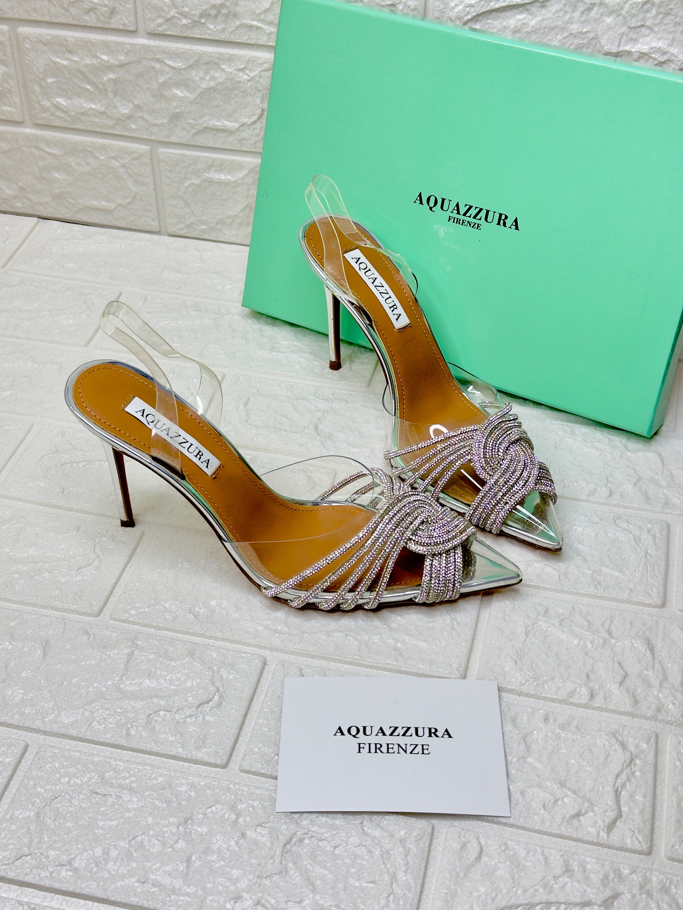Aquazzura Gatsby crystal-embellished slingback pumps made from PVC and mirrored leather. image 1