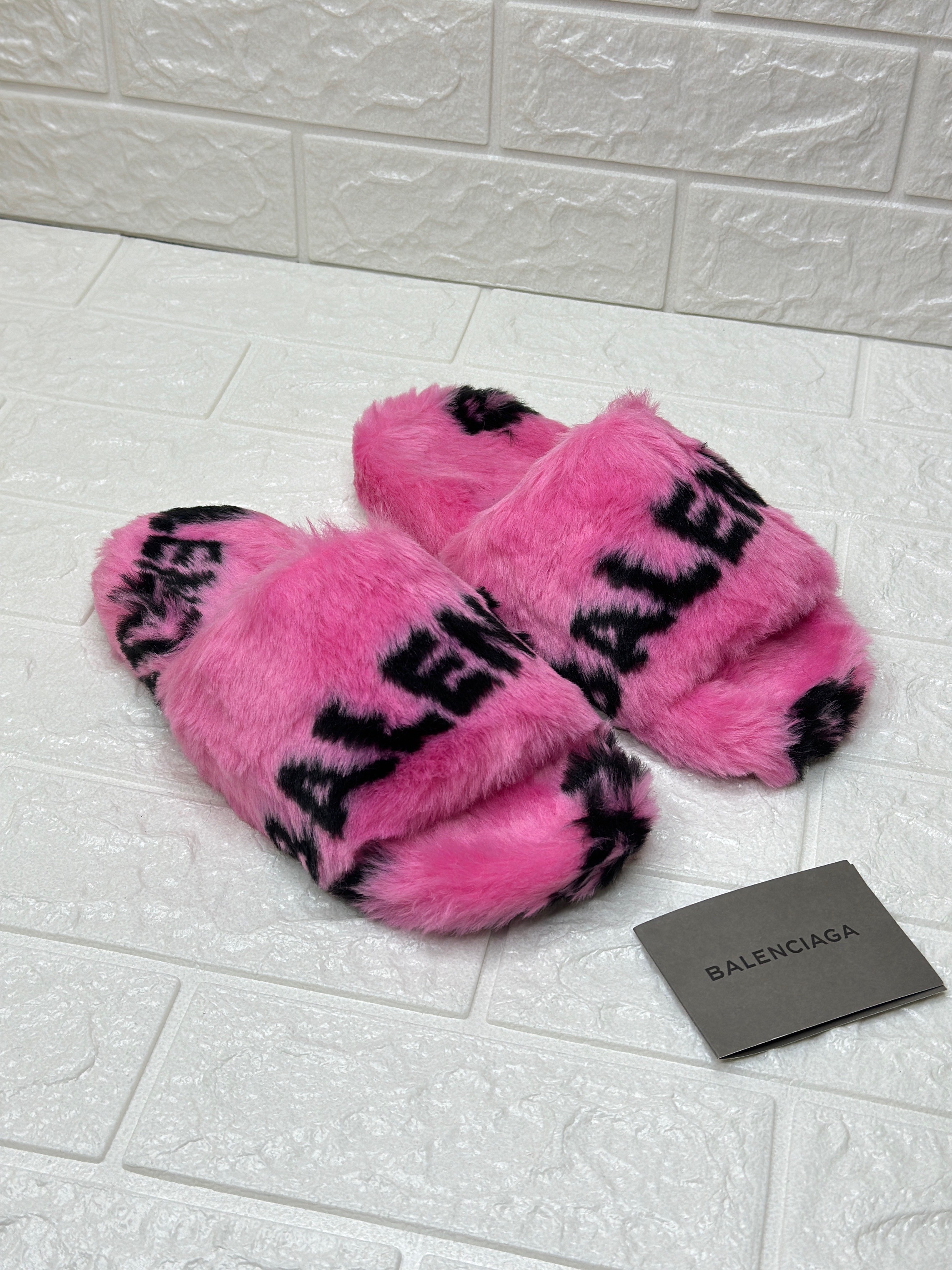 Balenciaga Furry Political Campaign slide sandals in hot pink faux shearling with black logo embroidery. image 1