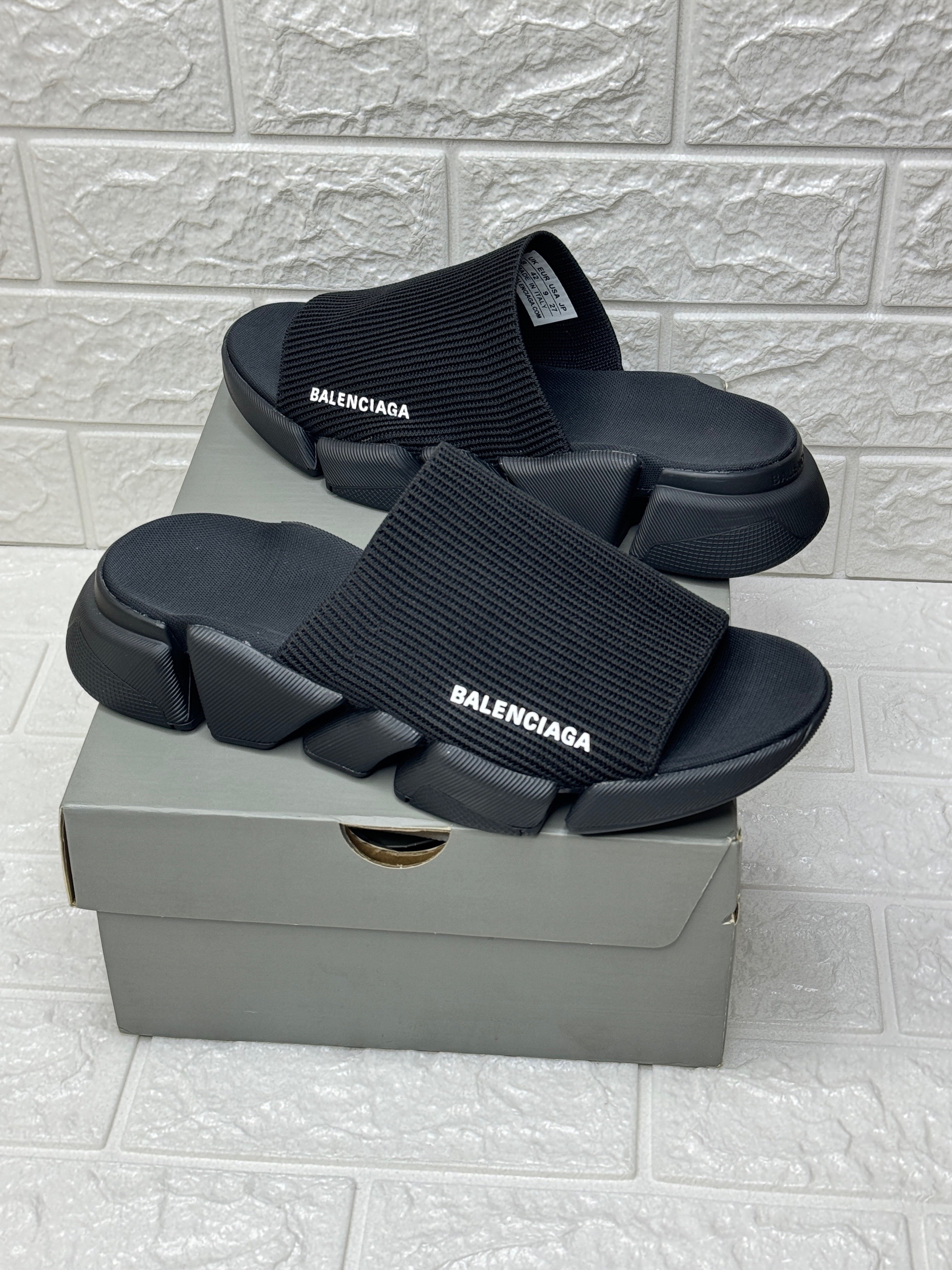 Balenciaga Speed 2.0 Recycled Knit Slide Sandals in black. image 1