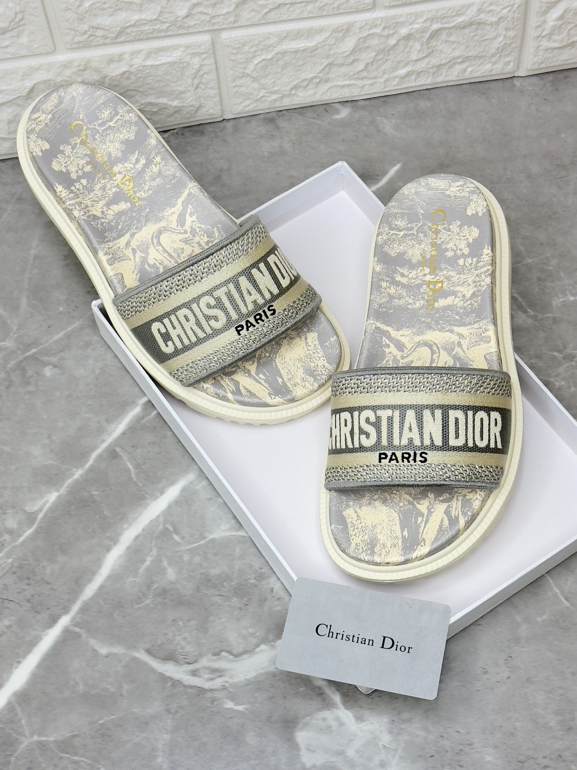 Christian Dior Dway platform slide in embroidered cotton with a grey Toile de Jouy motif. image 1