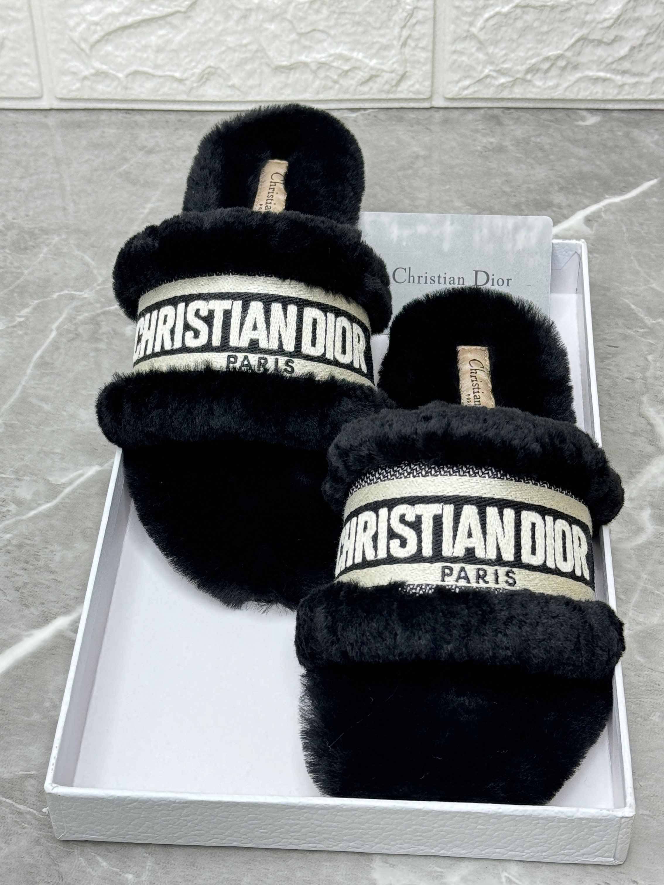 Christian Dior Dway Shearling black fur and embroidered canvas slide sandals. image 1