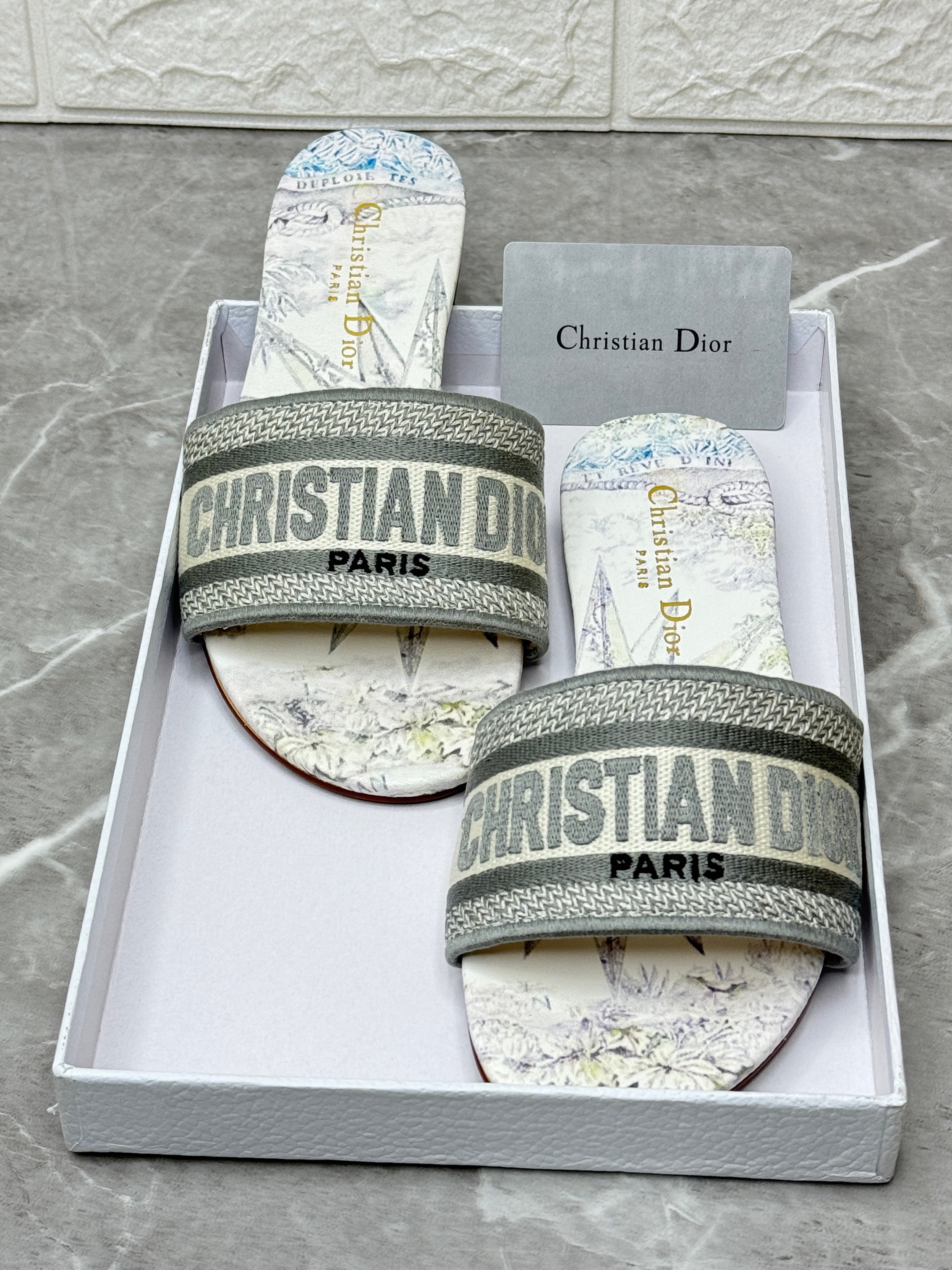 Dior Dway slides in white and gold-tone embroidered cotton with a Toile de Jouy motif. image 1