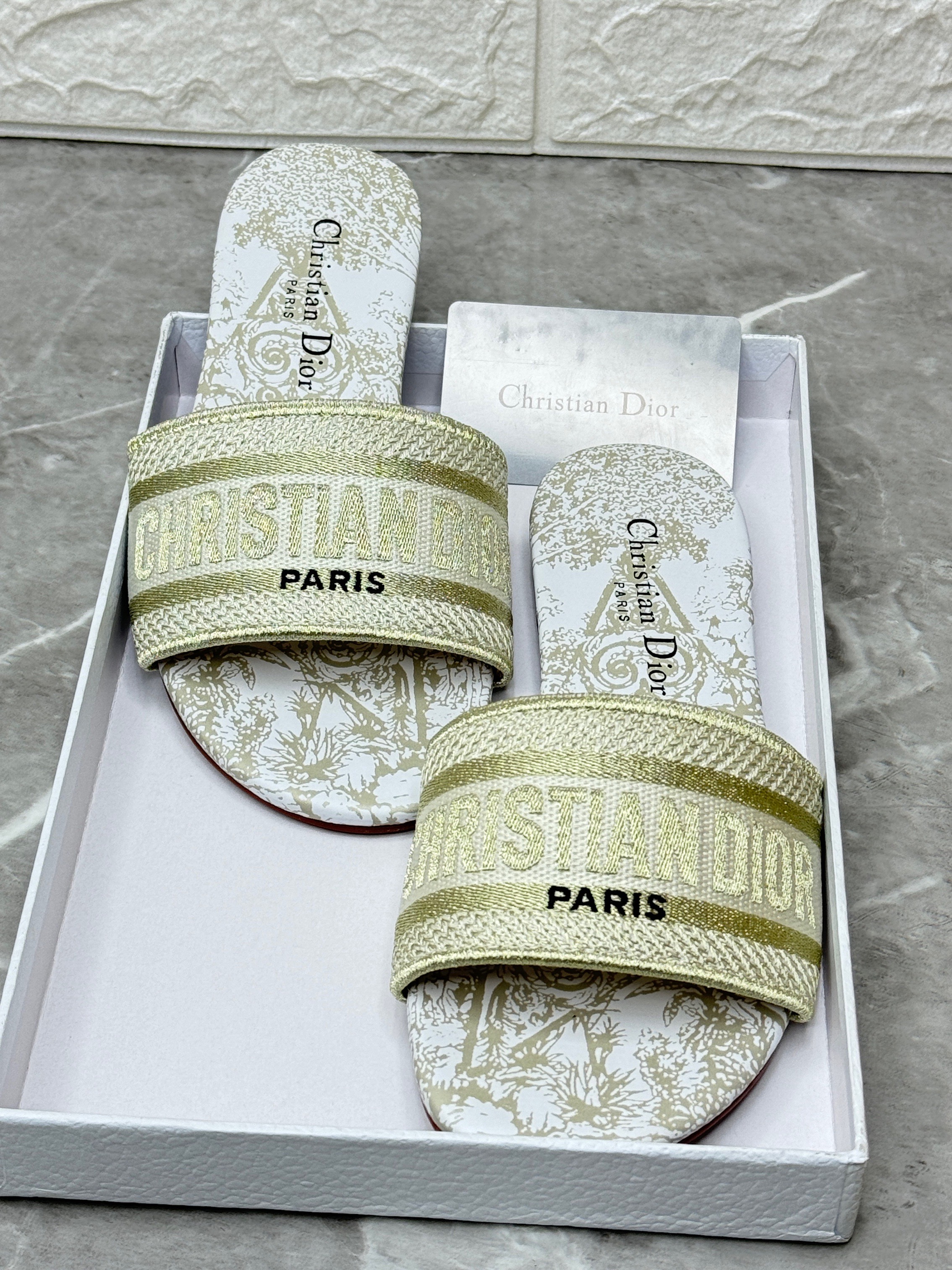 Christian Dior Dway slides featuring an embroidered "Christian Dior Paris" signature strap and a Toile de Jouy-style footbed. image 1
