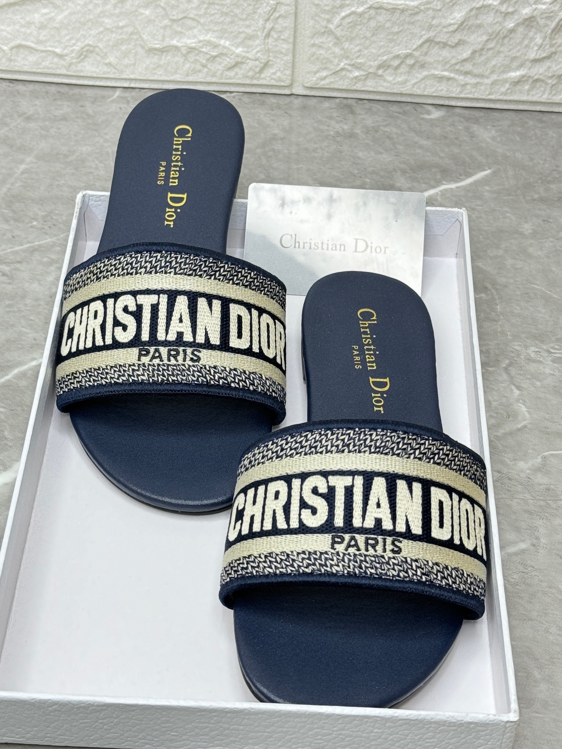 Christian Dior Dway slides in navy blue embroidered cotton. image 1